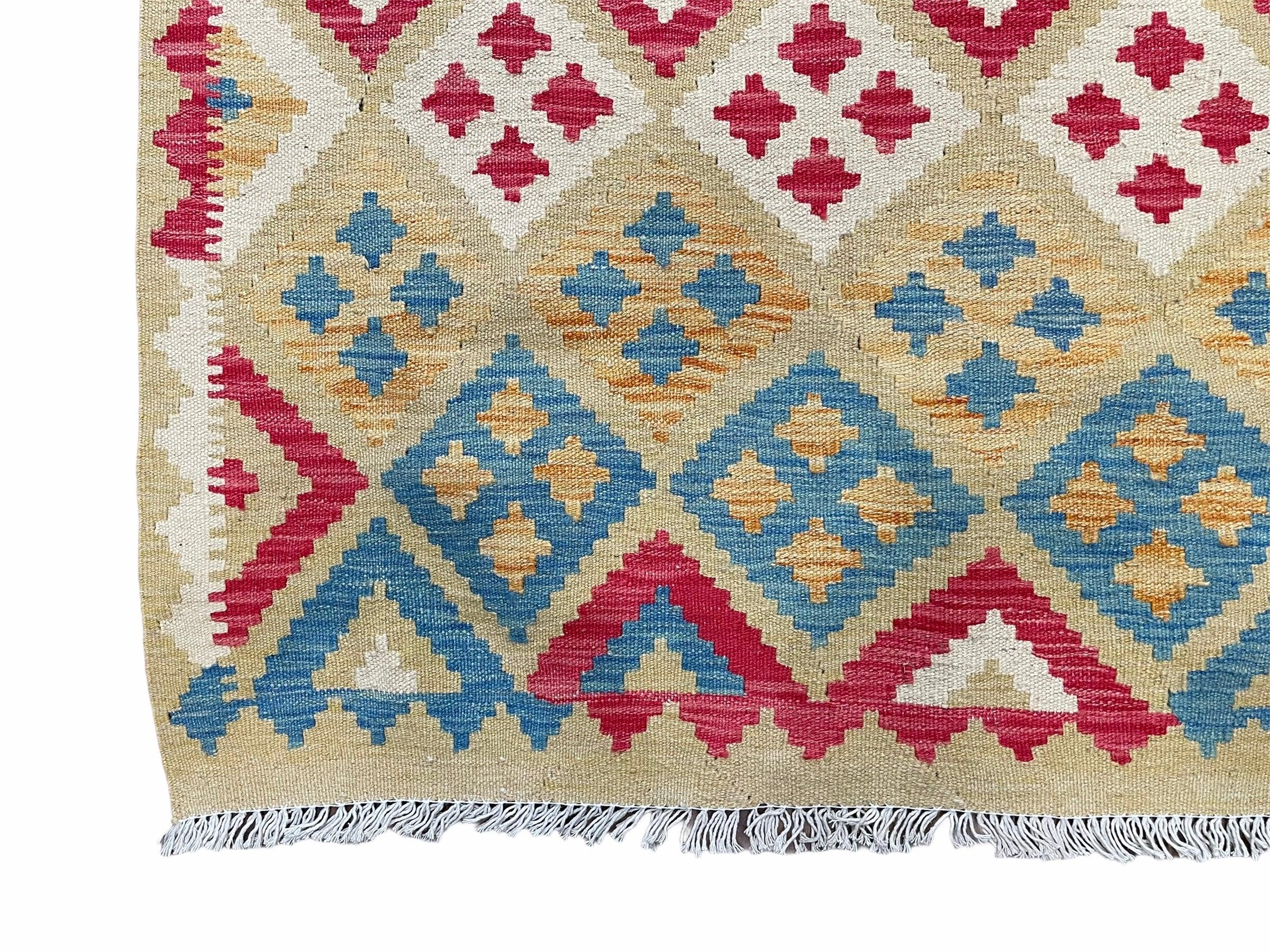 3x5 Kilim Rug Multicolor Tribal Kilim Rug 3 x 5 Tan Light Blue Red Beige New Turkish Anatolian Wool Kilim Flatweave Rug