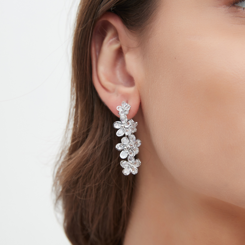 SILVER FLOWER HOOP EARRINGS (PAIR)