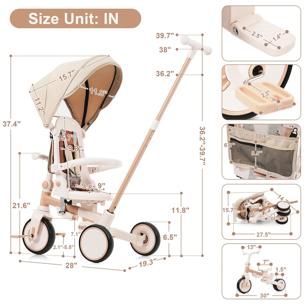 7 in 1 Baby Tricycle, Foldable Toddler Tricycle with Removable and Adjustable Parent Handle, Toddler Push Bike with Removable Pedal, Canopy, and Guardrail, Tricycle for 12-72 Months, light brown