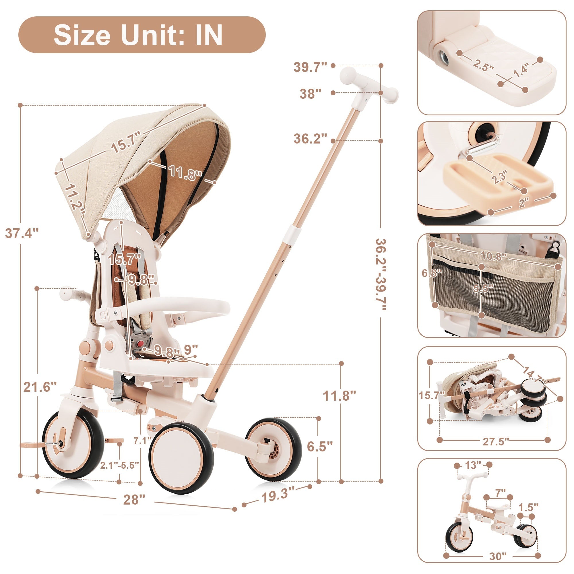 7 in 1 Baby Tricycle, Foldable Toddler Tricycle with Removable and Adjustable Parent Handle, Toddler Push Bike with Removable Pedal, Canopy, and Guardrail, Tricycle for 12-72 Months, light brown