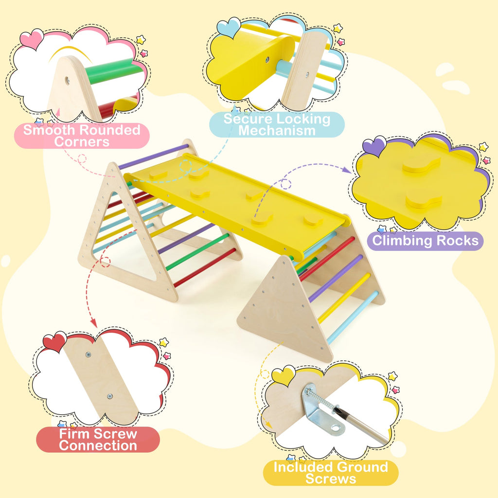 3 Piece Toddler Triangle Set Montessori with 2 Climbing Triangles and 1 Ramp-Colorful