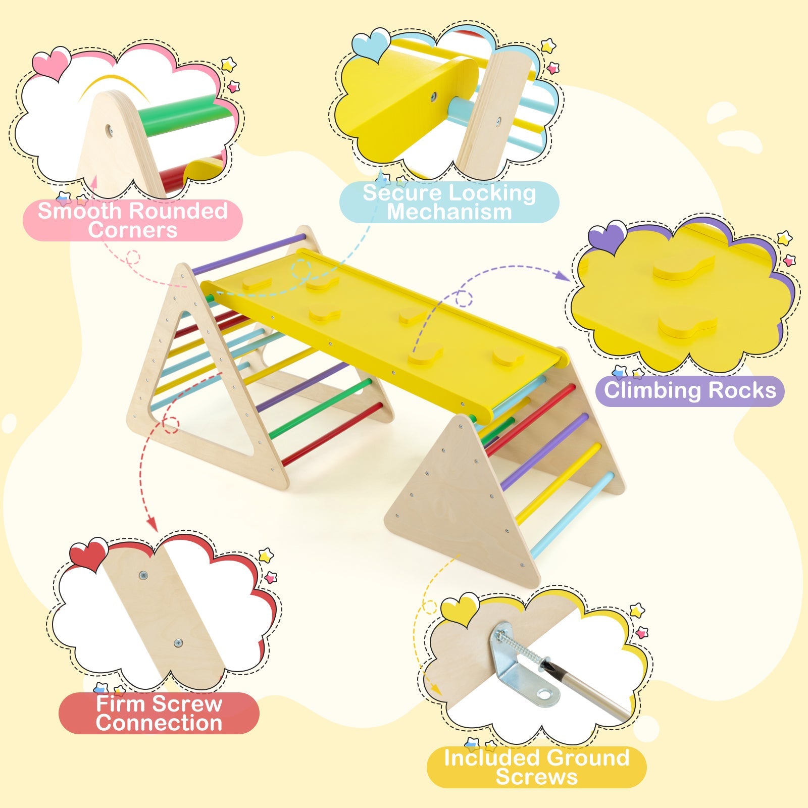 3 Piece Toddler Triangle Set Montessori with 2 Climbing Triangles and 1 Ramp-Colorful