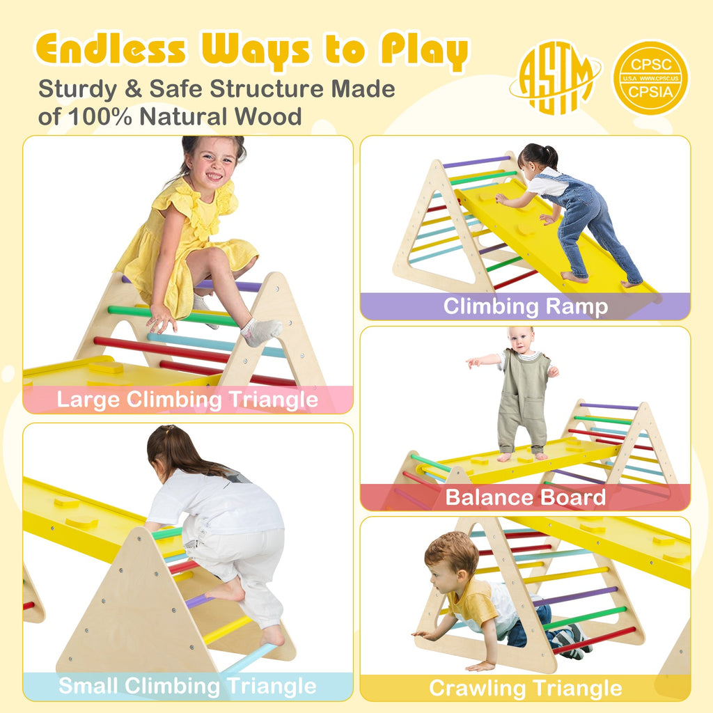 3 Piece Toddler Triangle Set Montessori with 2 Climbing Triangles and 1 Ramp-Colorful