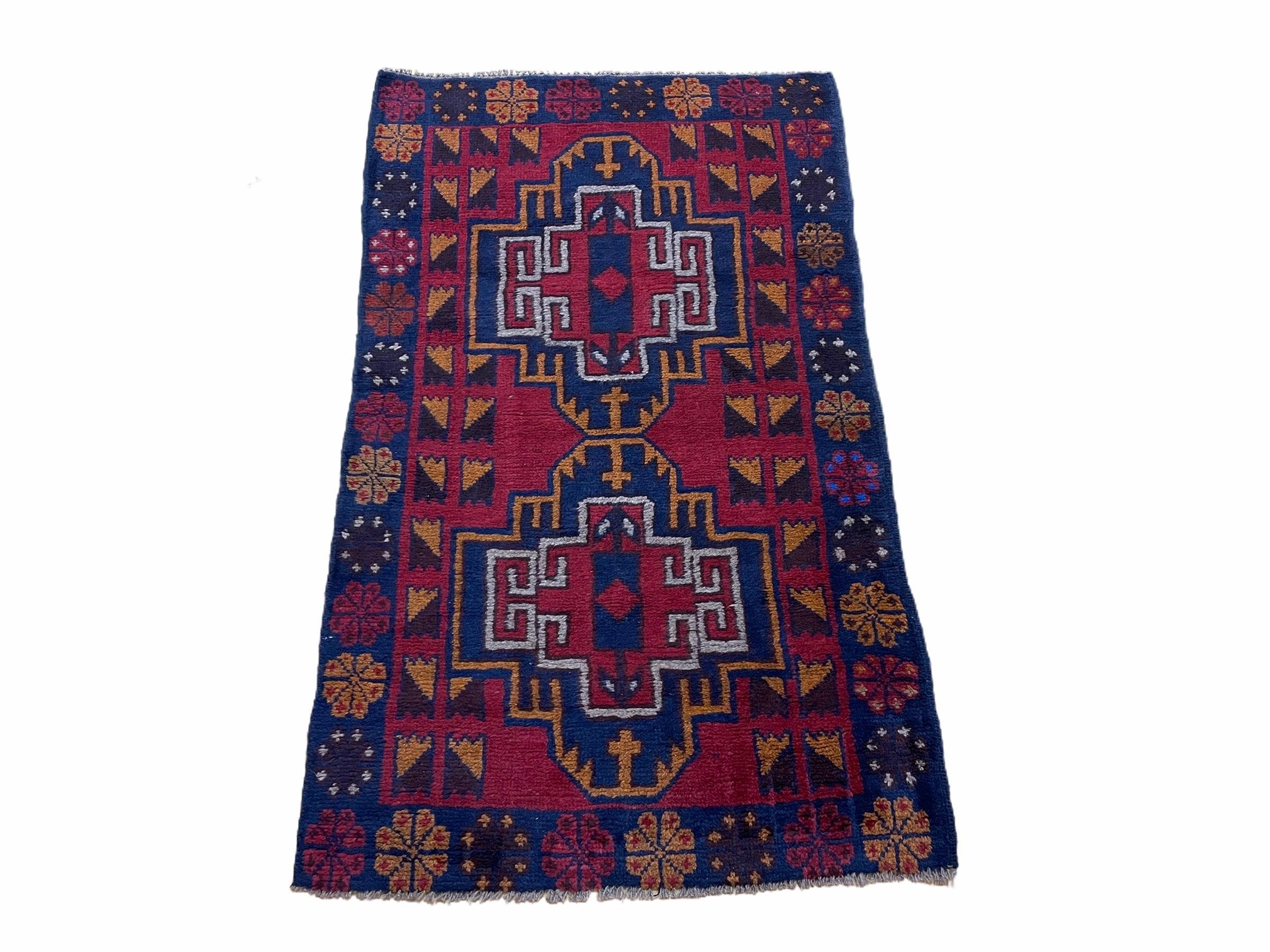 3 X 4.3 Vintage Handmade Tribal Wool Rug Balouch Rug Afghan Rug Red Blue Nice