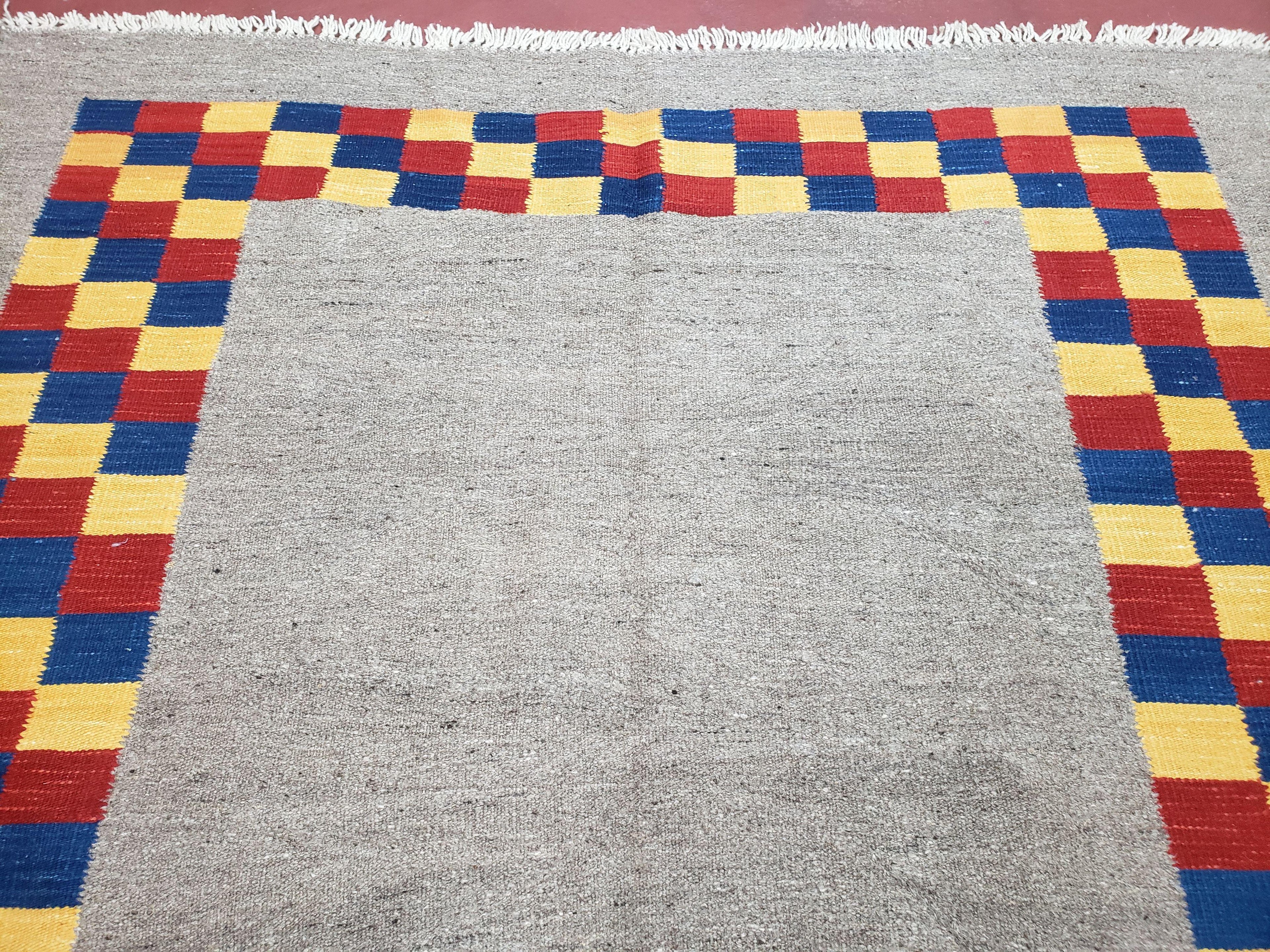 New Turkish Kilim Area Rug, Gray Carpet With Colorful Checker Border, 5'6" x 8", Flatweave Carpet, Playroom Rug, Kids Room Rug, Hand-Knotted