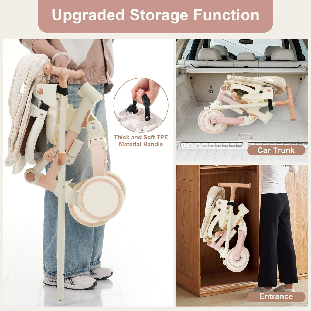 7 in 1 Baby Tricycle, Foldable Toddler Tricycle with Removable and Adjustable Parent Handle, Toddler Push Bike with Removable Pedal, Canopy, and Guardrail, Tricycle for 12-72 Months, pink