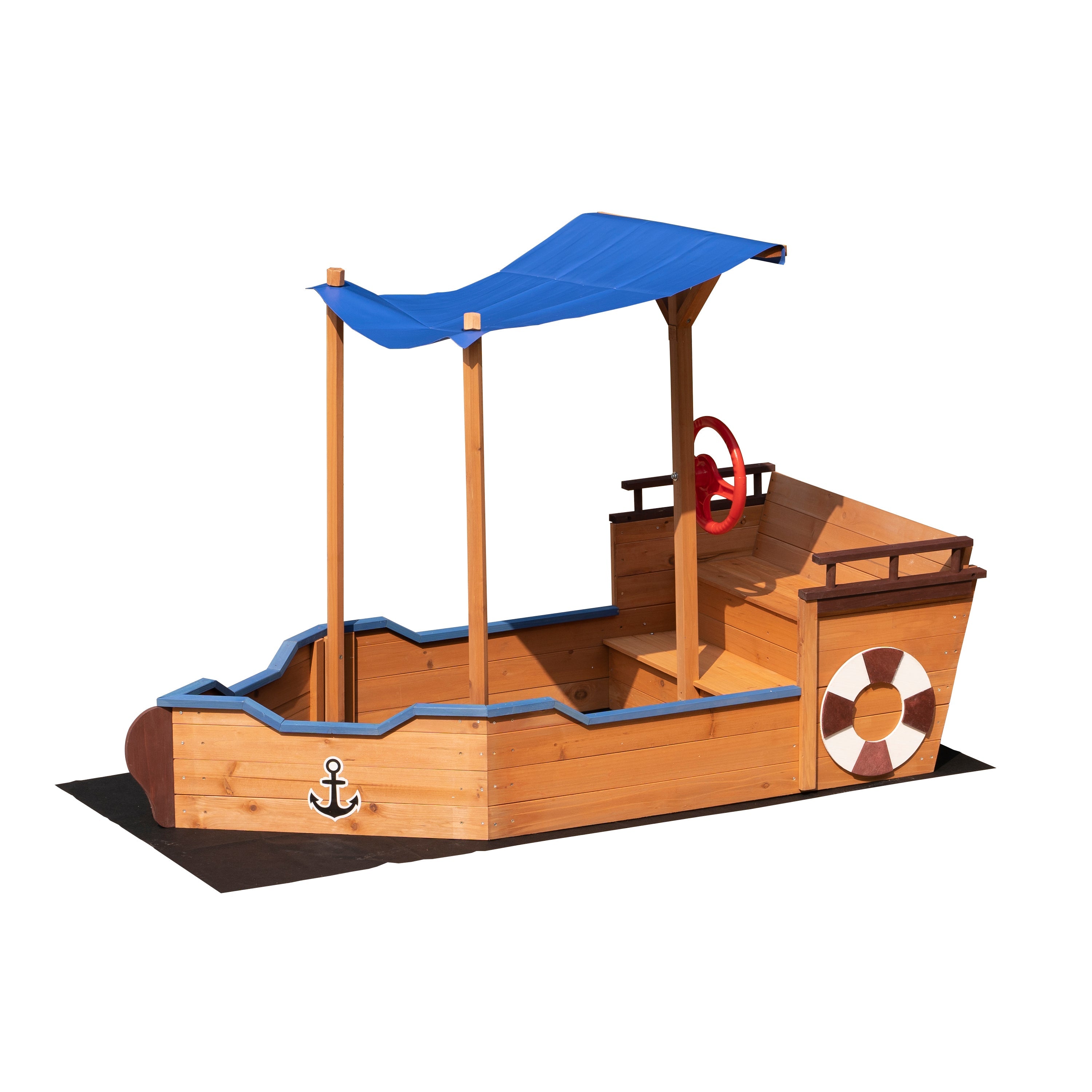 Outsunny Pirate Ship Sandbox with Cover and Rudder, Wooden Sandbox with Storage Bench and Seat, Outdoor Toy for Kids Ages 3-8 Years Old