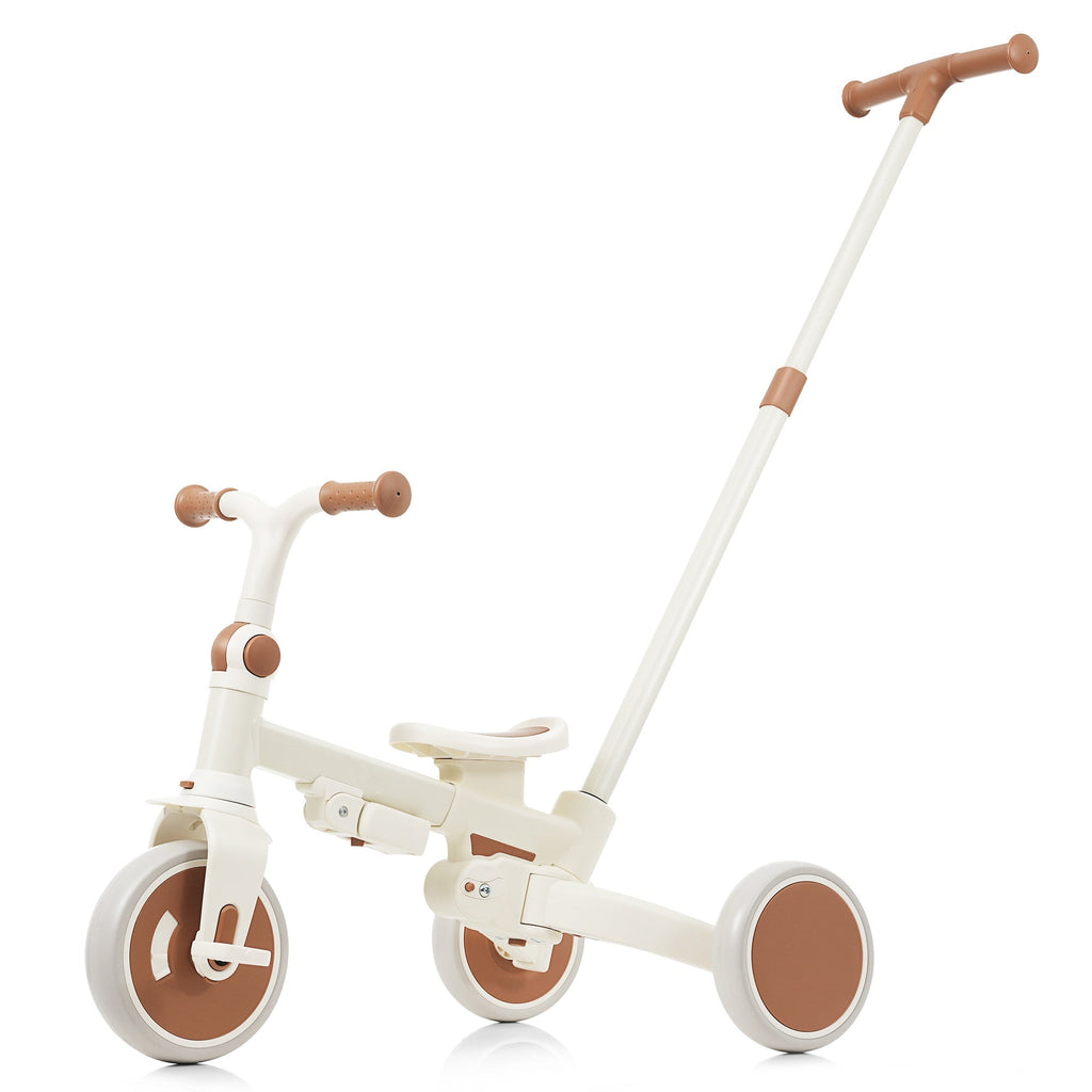 7 in 1 Baby Tricycle, Foldable Toddler Tricycle with Removable and Adjustable Parent Handle, Toddler Push Bike with Removable Pedal, Canopy, and Guardrail, Tricycle for 12-72 Months, ivory and brown