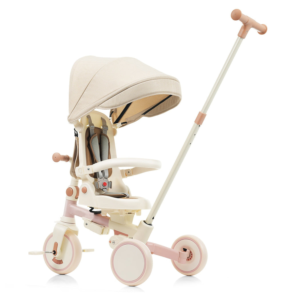 7 in 1 Baby Tricycle, Foldable Toddler Tricycle with Removable and Adjustable Parent Handle, Toddler Push Bike with Removable Pedal, Canopy, and Guardrail, Tricycle for 12-72 Months, pink