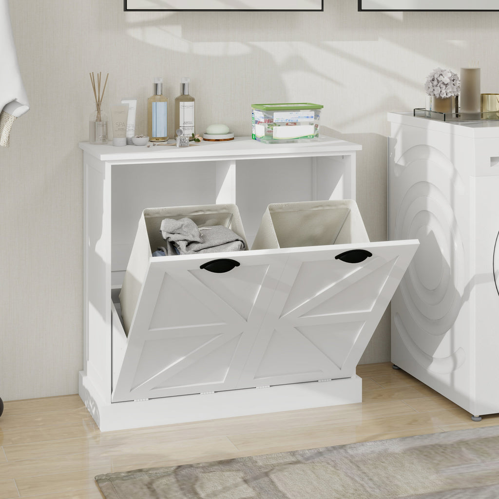 Two-Compartment Tilt-Out Laundry Sorter Cabinet-White
