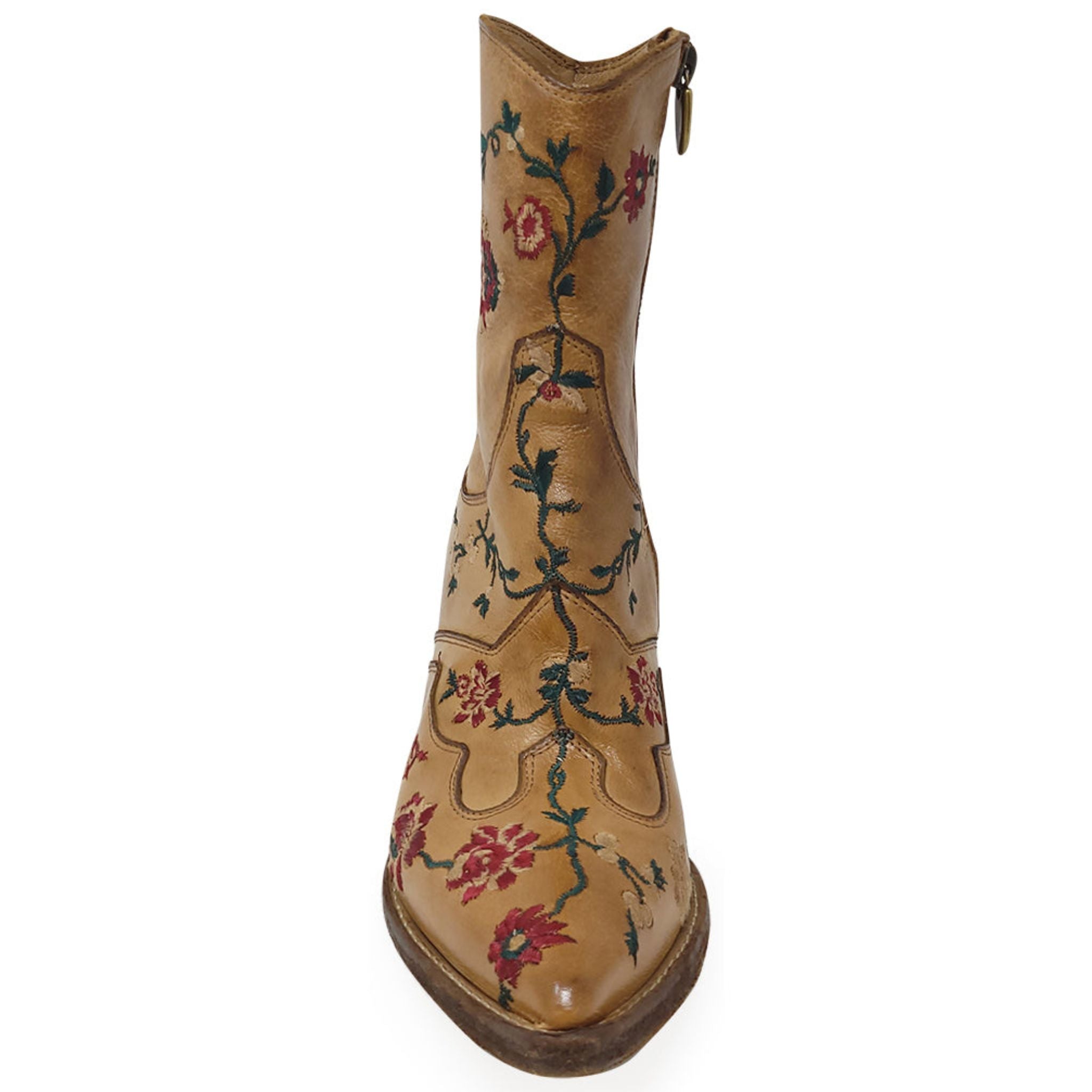 Tan Leather Embroidered Ankle Boot