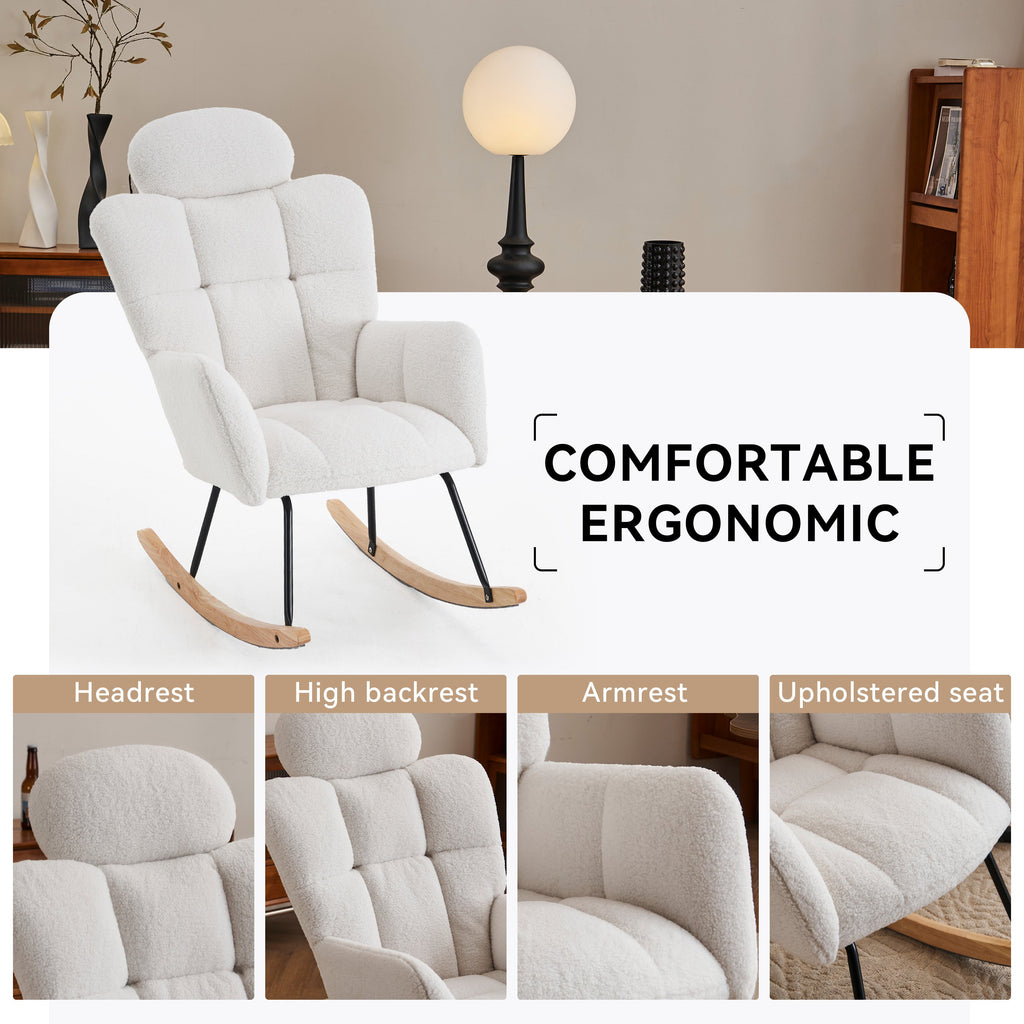 Modern Ivory Teddy Fabric Upholstered Nursery Rocking Glider Chair with Padded Seat and High Backrest