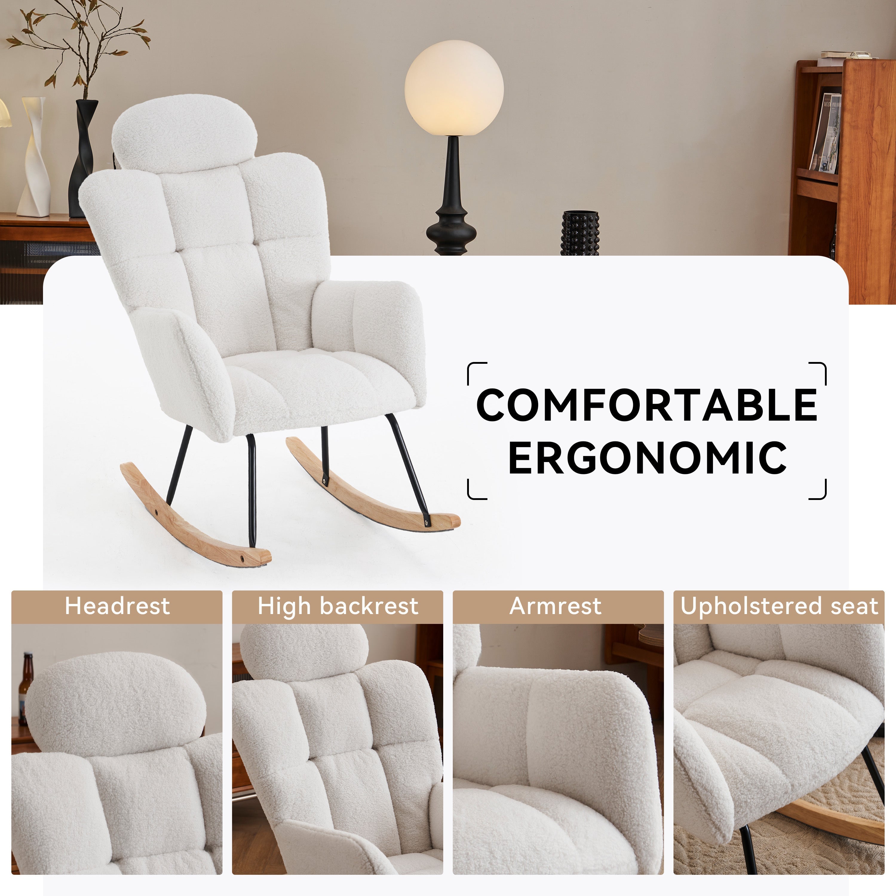 Modern Ivory Teddy Fabric Upholstered Nursery Rocking Glider Chair with Padded Seat and High Backrest