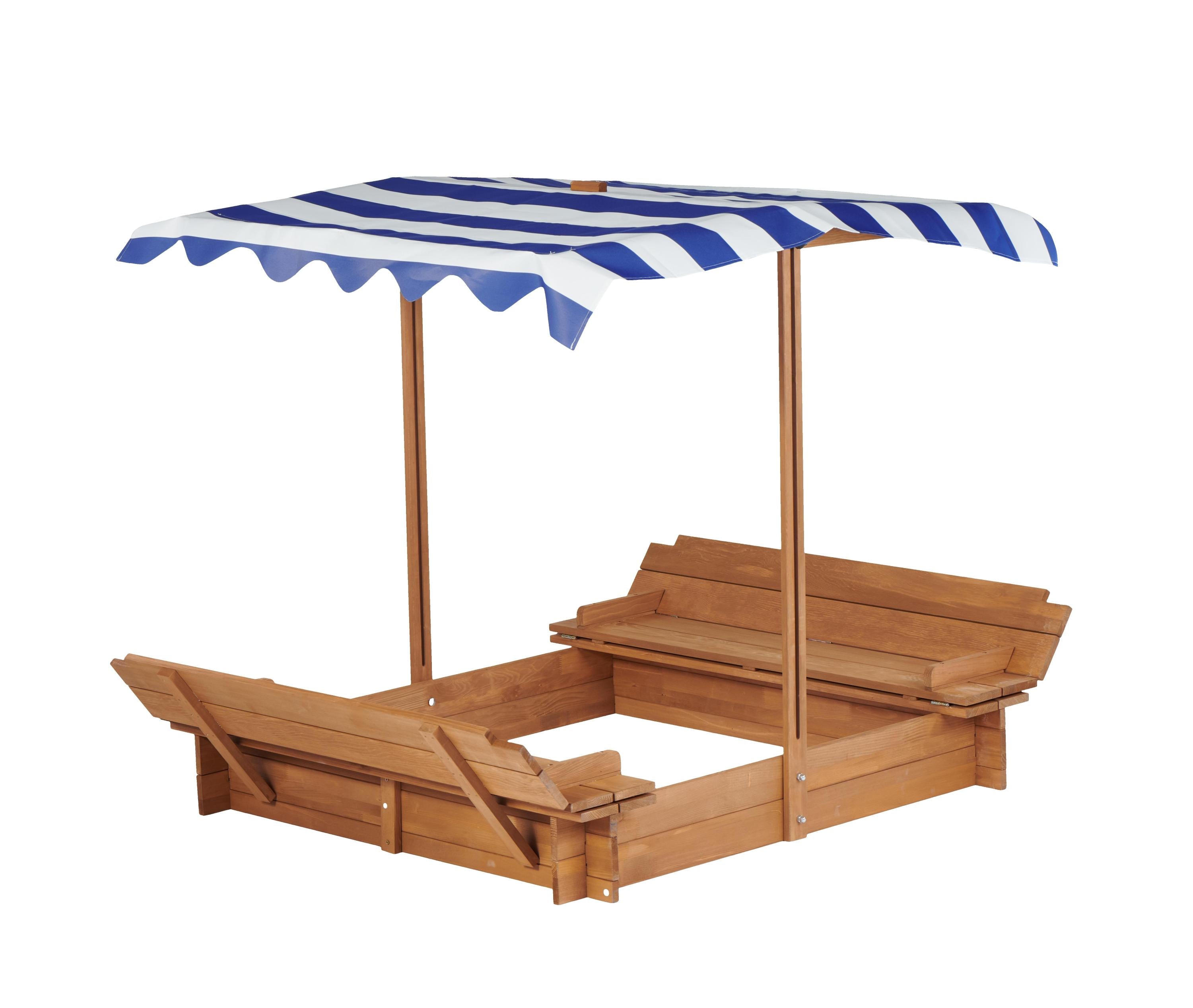 Kids Sandbox with Adjustable Cover, 46'' Wooden Sand Box with 2 Foldable Bench Seats, Outdoor Sandpit for Backyard Play