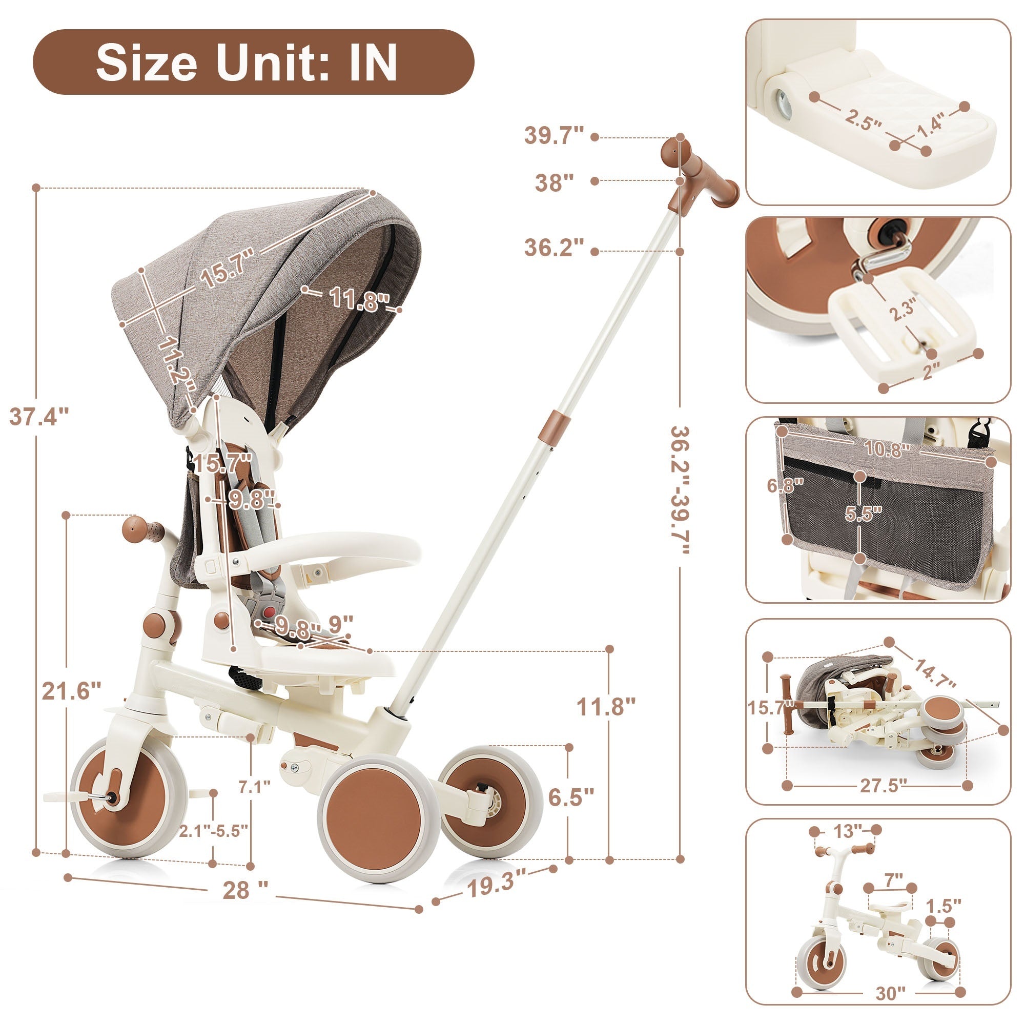 7 in 1 Baby Tricycle, Foldable Toddler Tricycle with Removable and Adjustable Parent Handle, Toddler Push Bike with Removable Pedal, Canopy, and Guardrail, Tricycle for 12-72 Months, ivory and brown