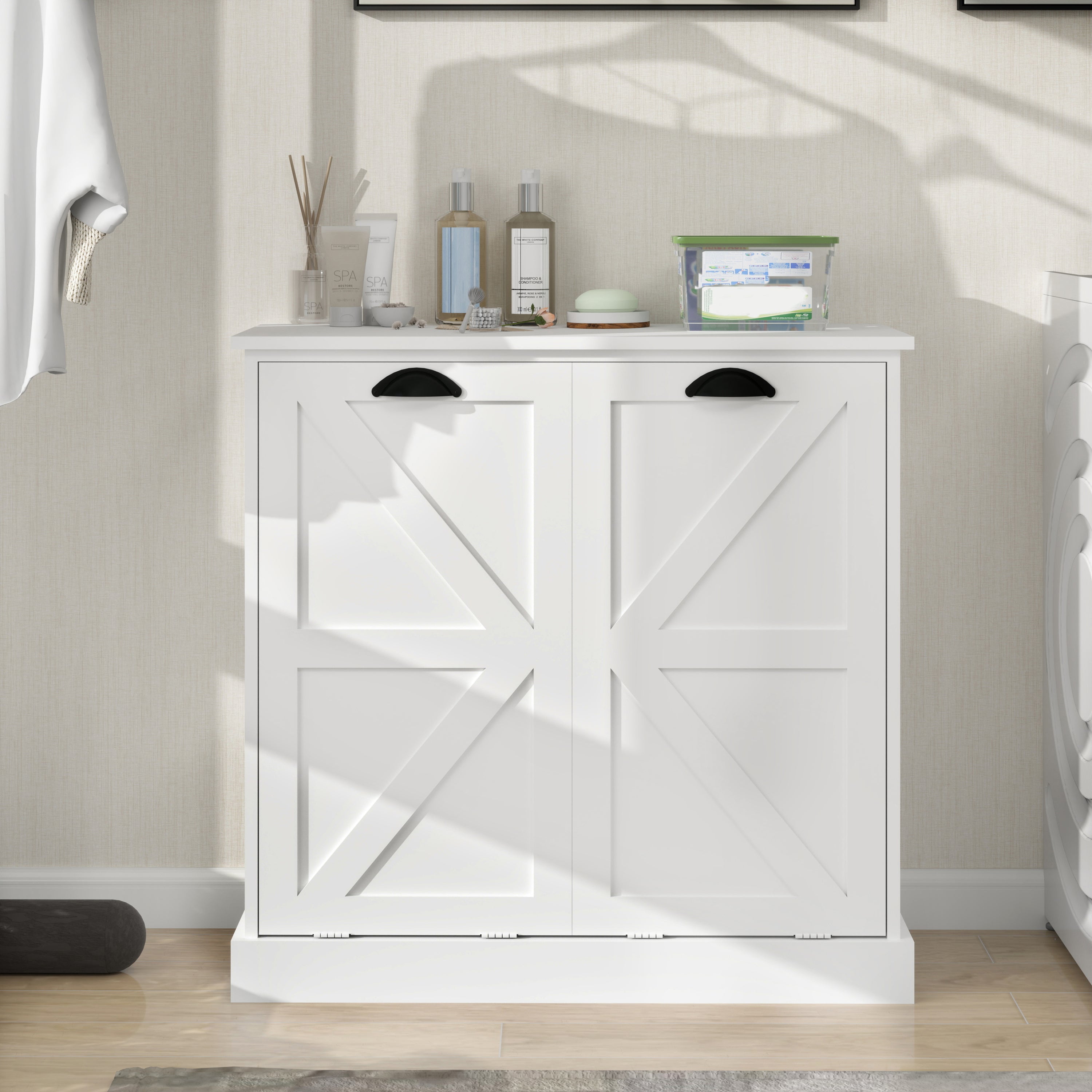Two-Compartment Tilt-Out Laundry Sorter Cabinet-White