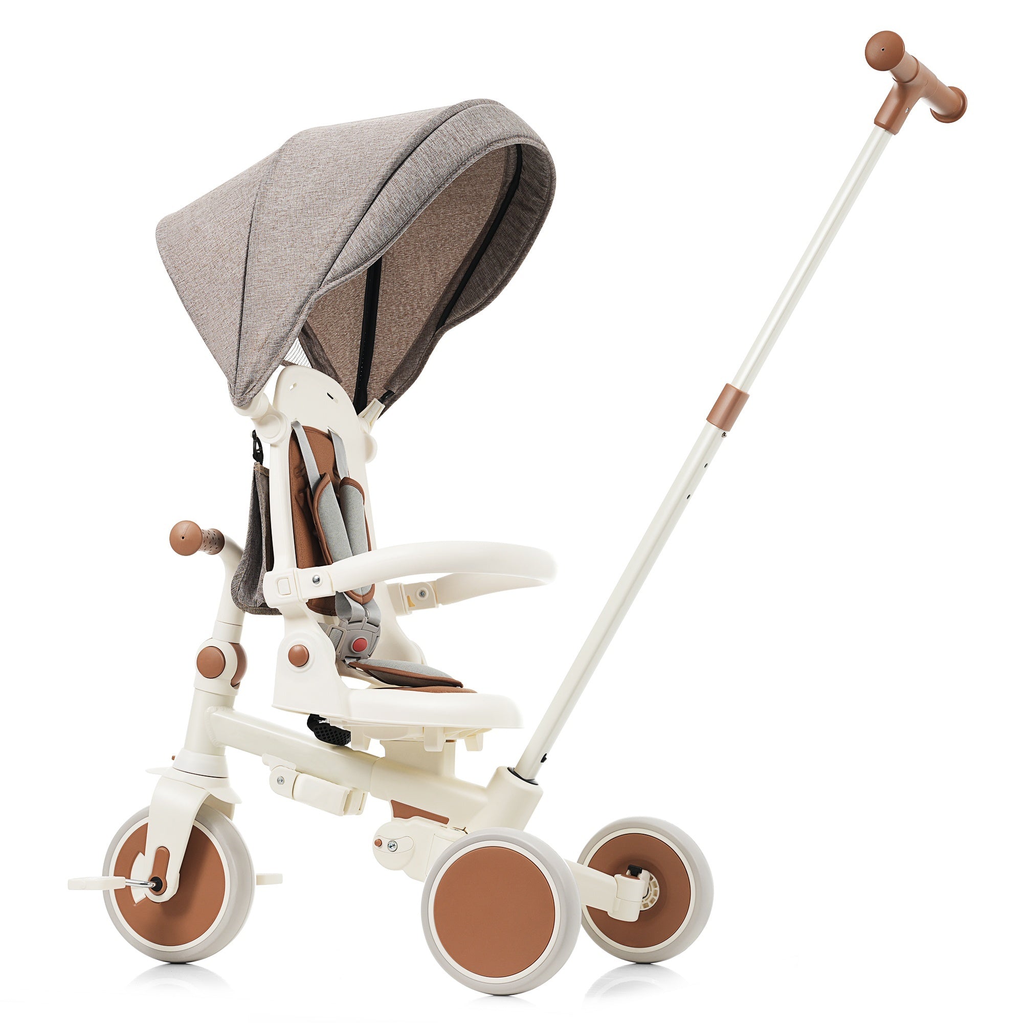 7 in 1 Baby Tricycle, Foldable Toddler Tricycle with Removable and Adjustable Parent Handle, Toddler Push Bike with Removable Pedal, Canopy, and Guardrail, Tricycle for 12-72 Months, ivory and brown