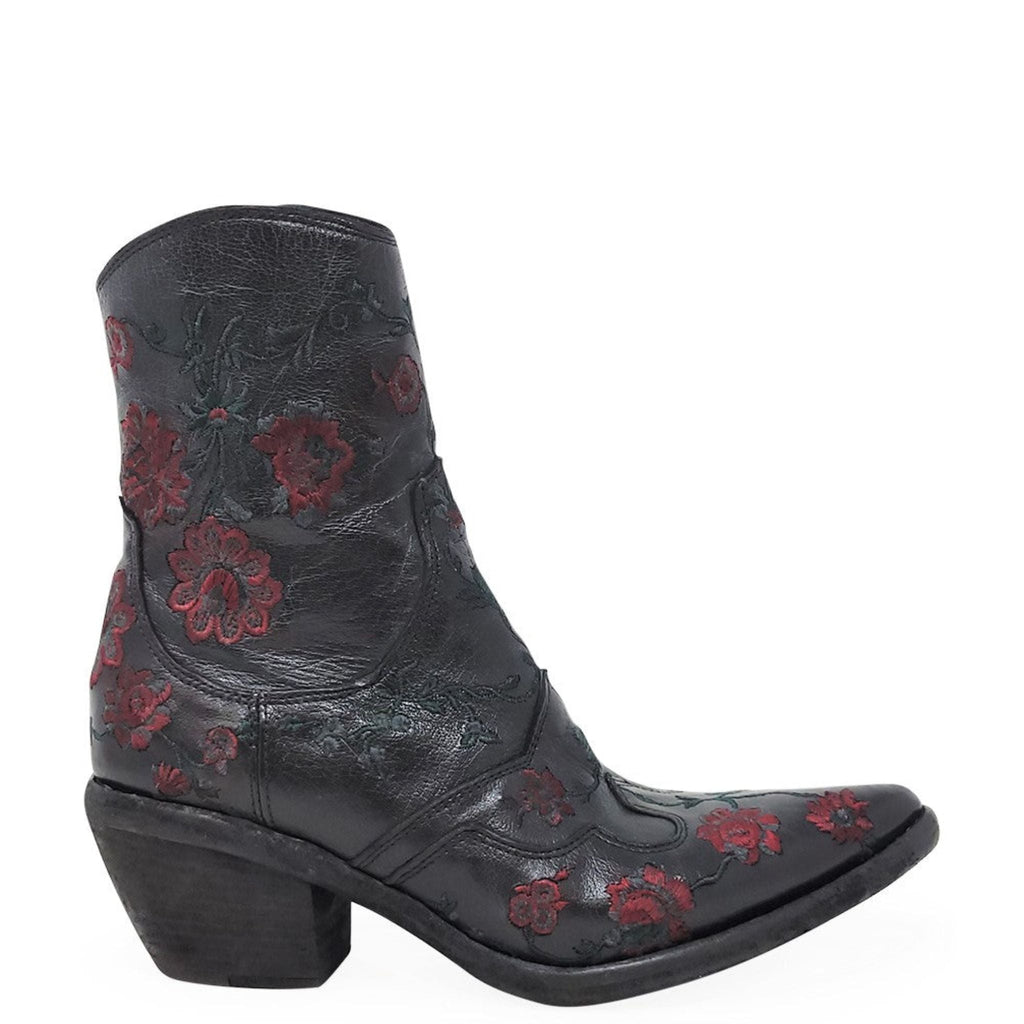 Black Leather Embroidered Ankle Boot