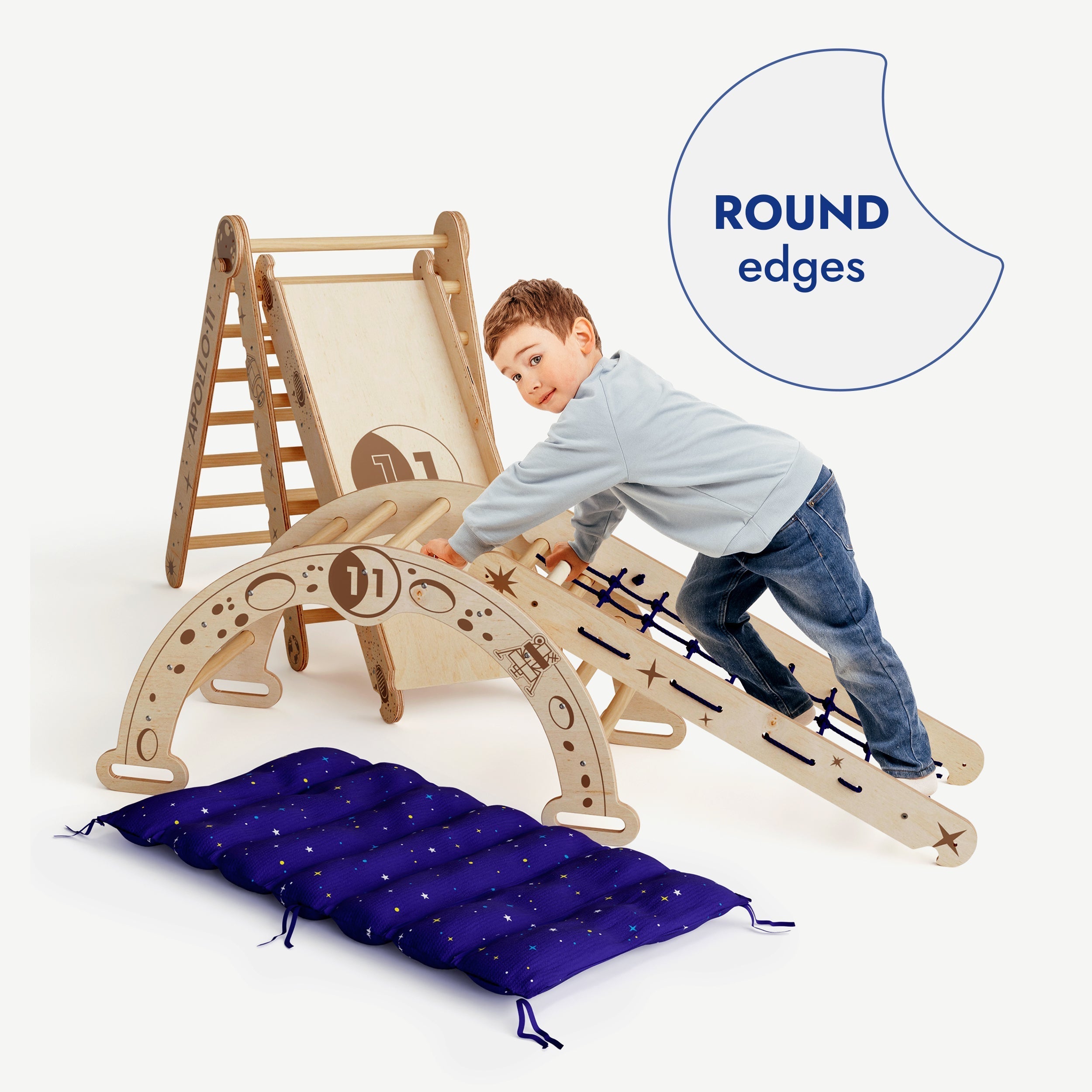 Apollo 5in1 Climbing Set:  Pikler Triangle, Net, Arch, Slide Board, and Cushion for Little Astronauts