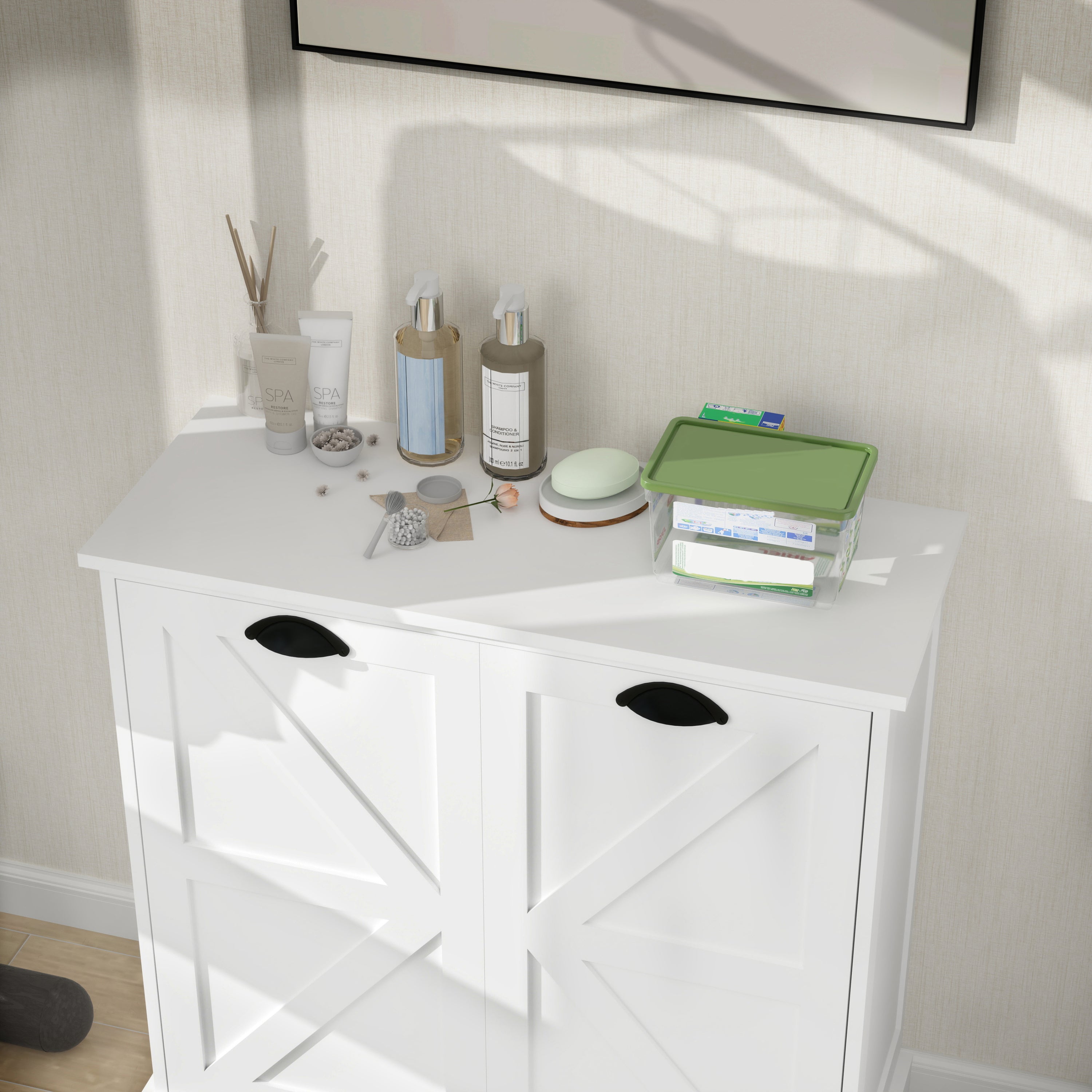 Two-Compartment Tilt-Out Laundry Sorter Cabinet-White