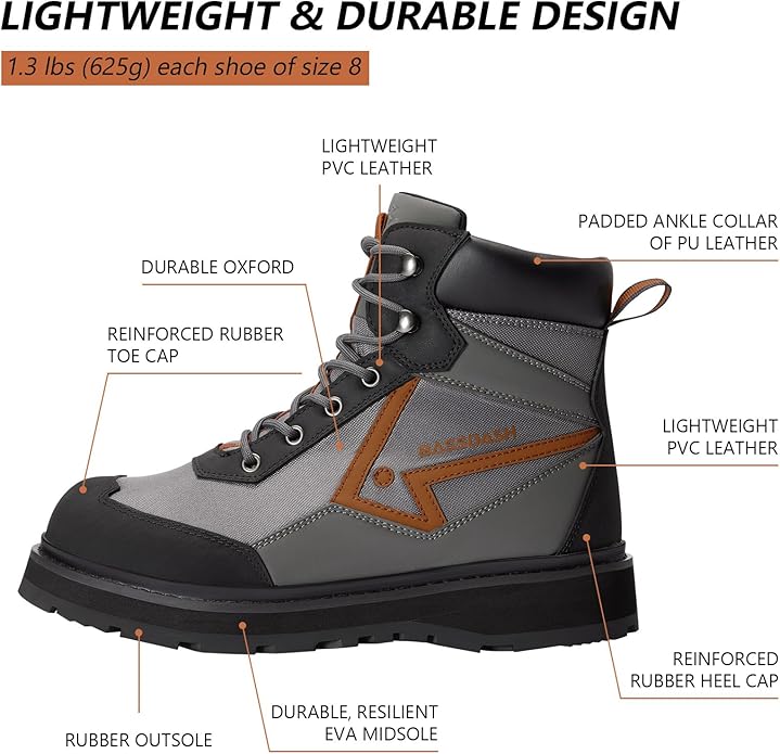 BASSDASH Men’s Wading Boots Lightweight Anti-Slip Rubber Sole Fly Fishing Wading Shoes