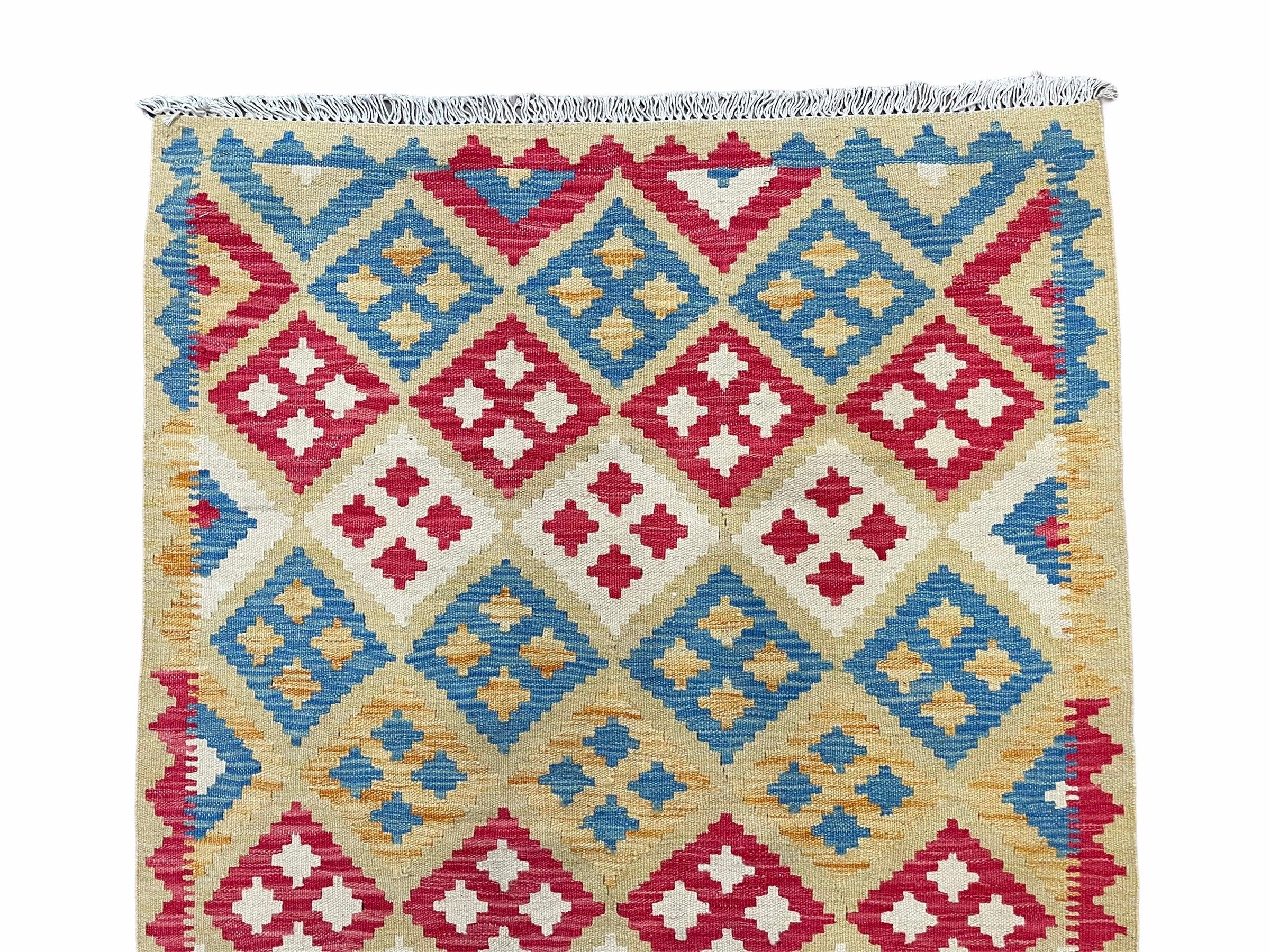 3x5 Kilim Rug Multicolor Tribal Kilim Rug 3 x 5 Tan Light Blue Red Beige New Turkish Anatolian Wool Kilim Flatweave Rug