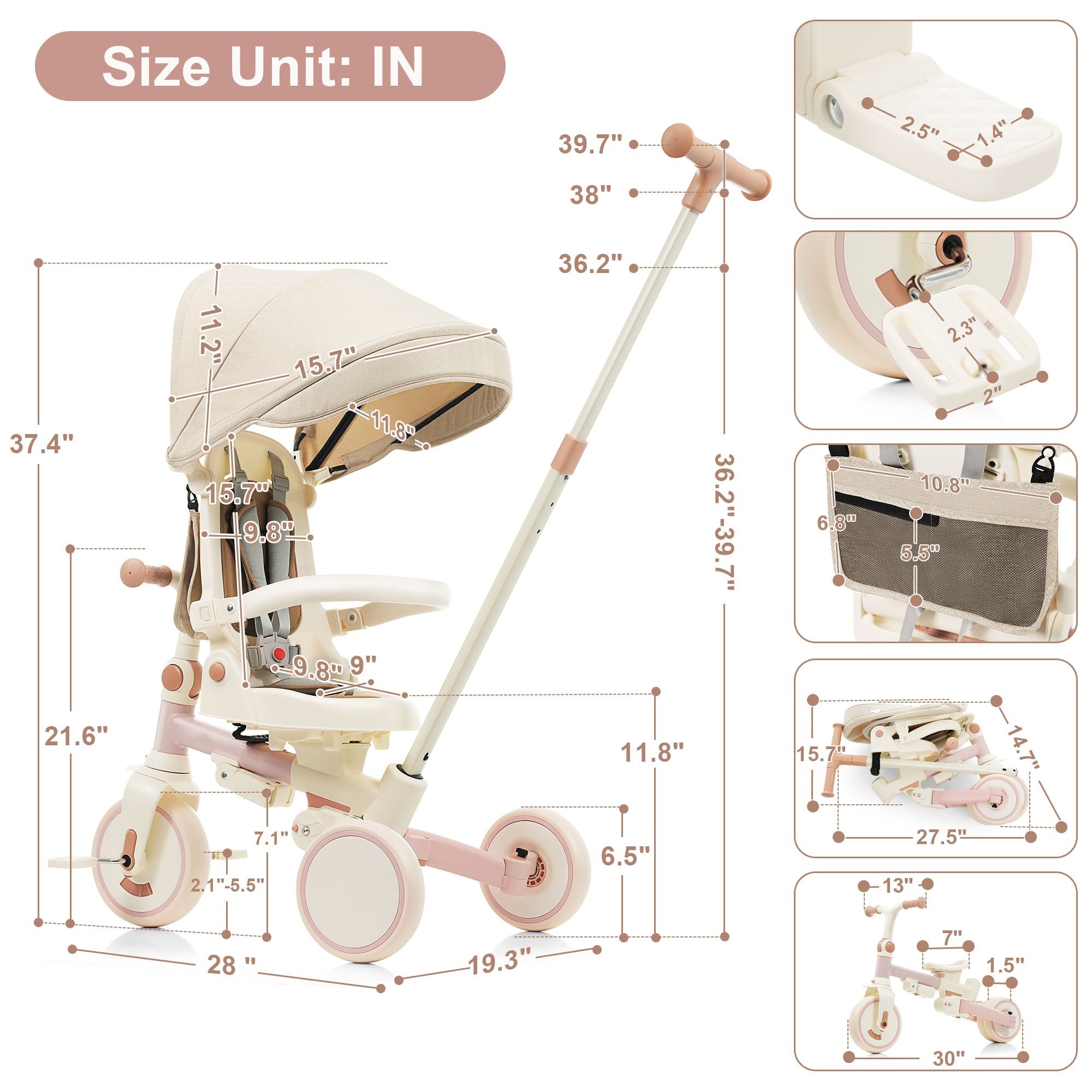 7 in 1 Baby Tricycle, Foldable Toddler Tricycle with Removable and Adjustable Parent Handle, Toddler Push Bike with Removable Pedal, Canopy, and Guardrail, Tricycle for 12-72 Months, pink