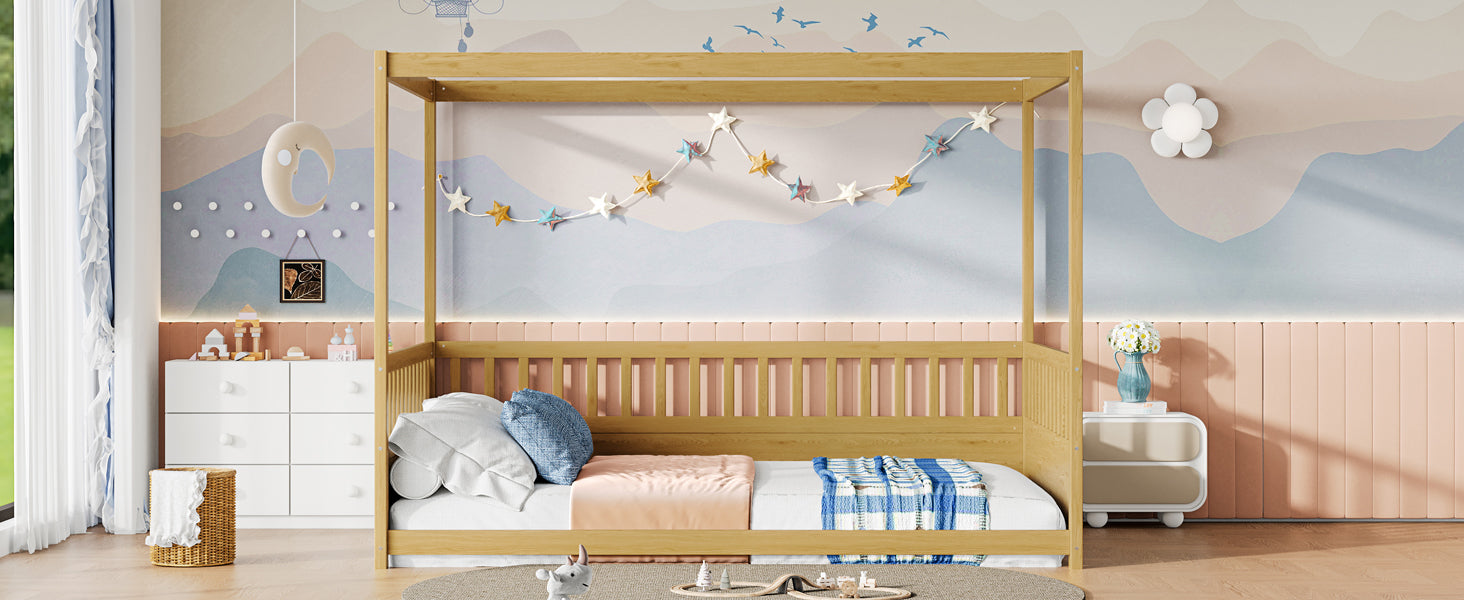Full Size Canopy Bed Frame with Guardrails for Kids,Floor Bed Full with Four Poster Design,Kids Montessori Floor Bed,Wood Canopy Bed Frame for Girls,Boys(Full,Natural)