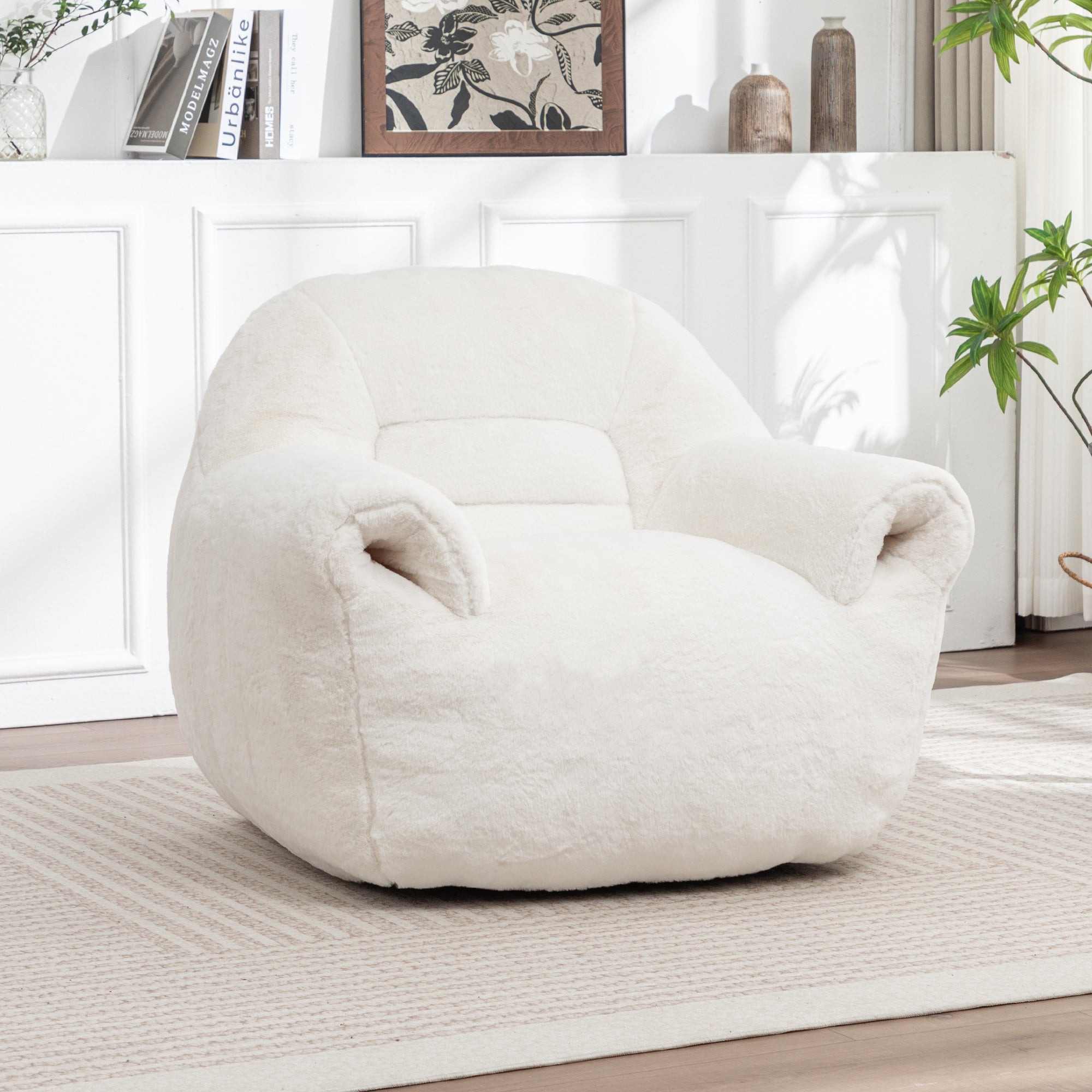 Bean Bag Chair, Comfy Bean Bag Sofa with Back Support, Faux Fur Bean Bag Chair for Adults and Kids, Stuffed Floor Sofa for Living Room, Bedroom, Apartment, White