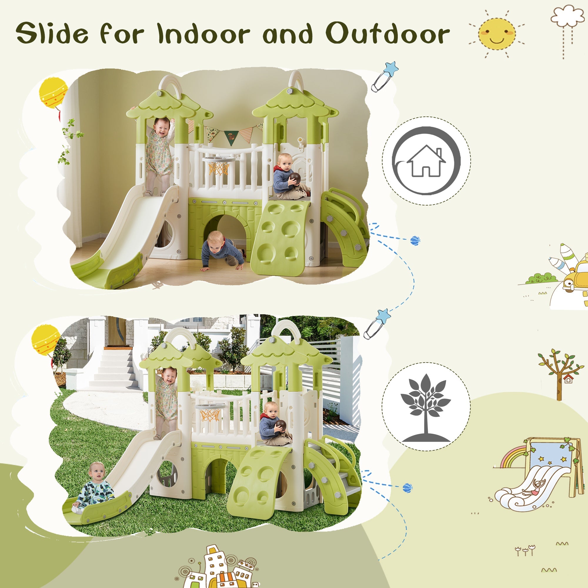 8-1 Toddler Climber and Slide Set,Kids Slide for Toddlers Age 1+, Kids Playground Climber Freestanding Slide Playset with Basketball Hoop, Play Combination for Babies,Indoor& Outdoor