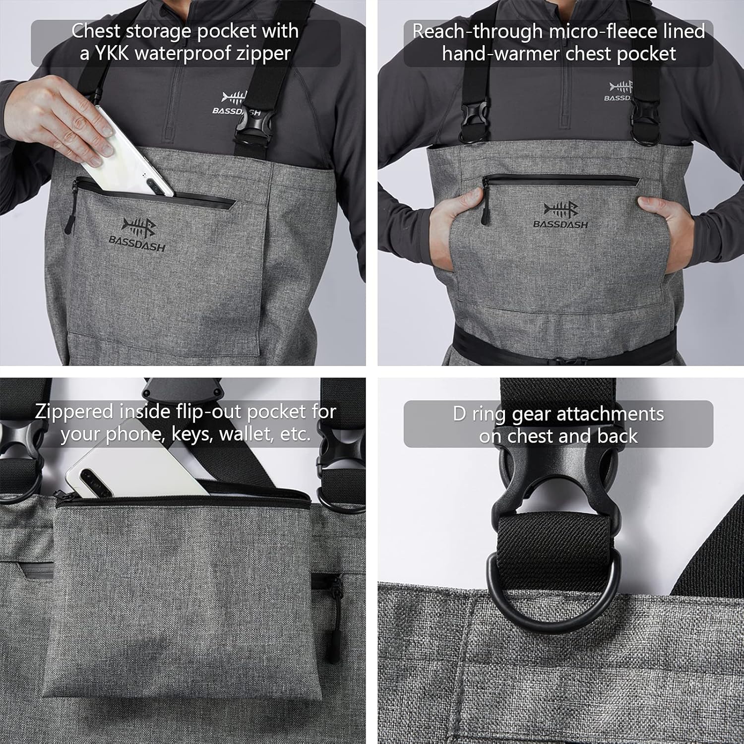 BASSDASH IMMERSE Breathable Ripstop Stocking Boot Foot Fishing Hunting Waders Lightweight Grey Camo Chest Wader for Men Women