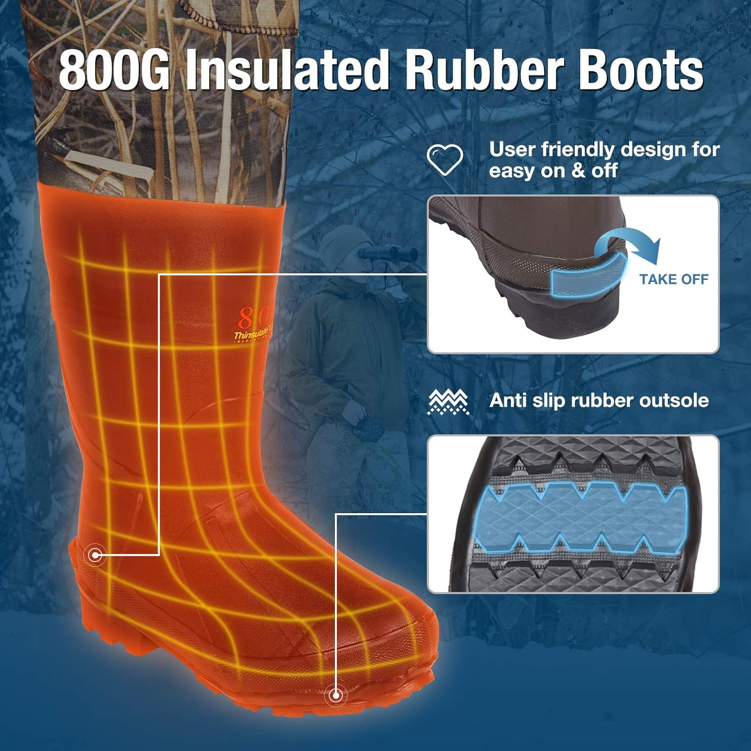 HISEA Hunting Waders Neoprene Chest Waders for Men with 800G Insulated Boots Waterproof Neoprene Bootfoot Waders