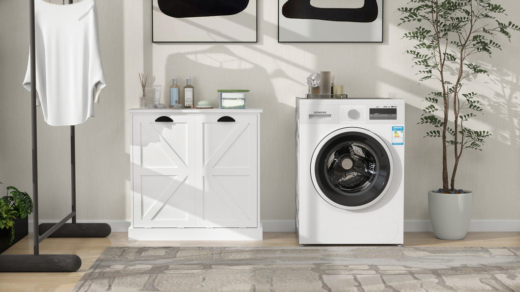 Two-Compartment Tilt-Out Laundry Sorter Cabinet-White