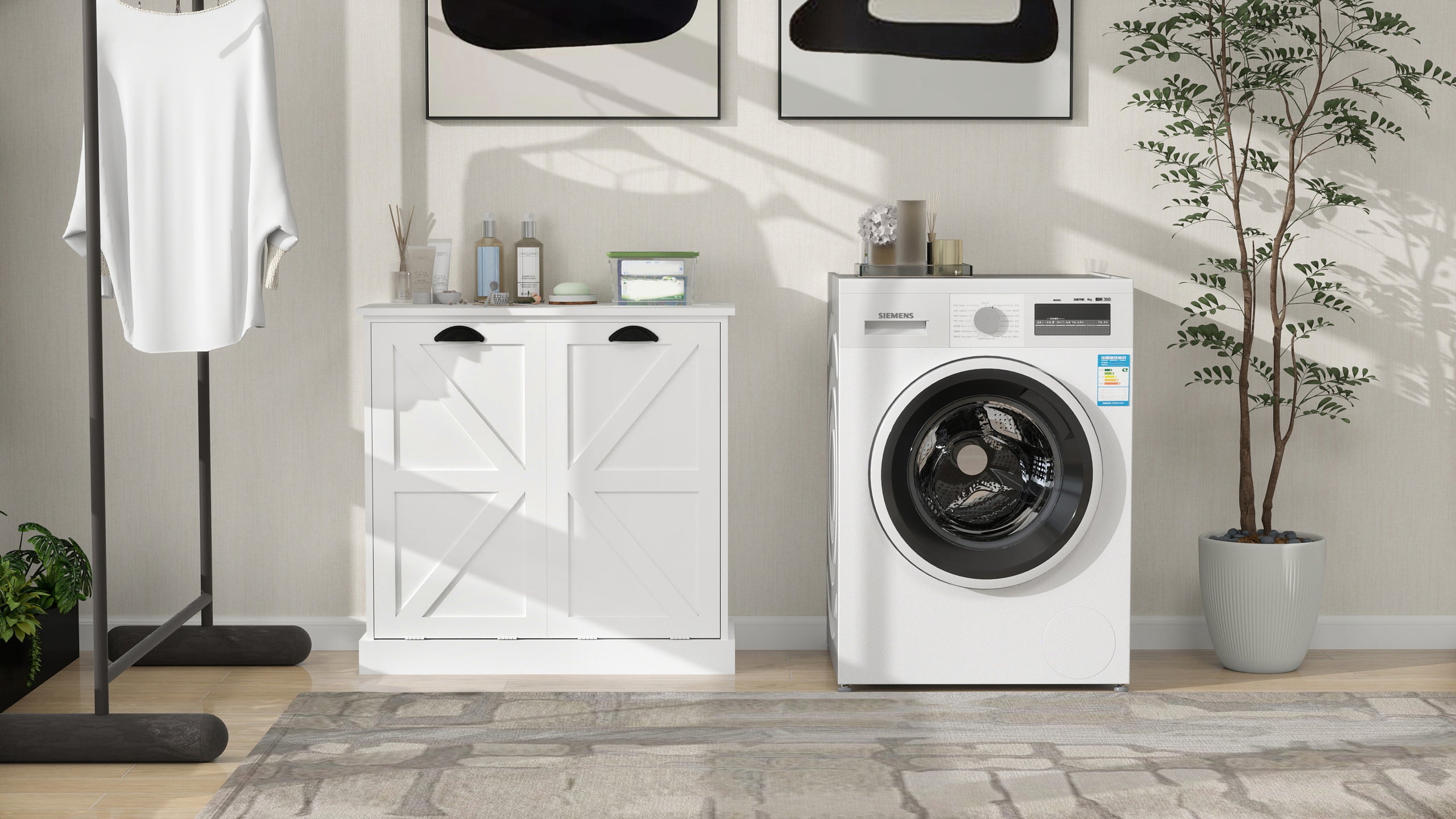 Two-Compartment Tilt-Out Laundry Sorter Cabinet-White