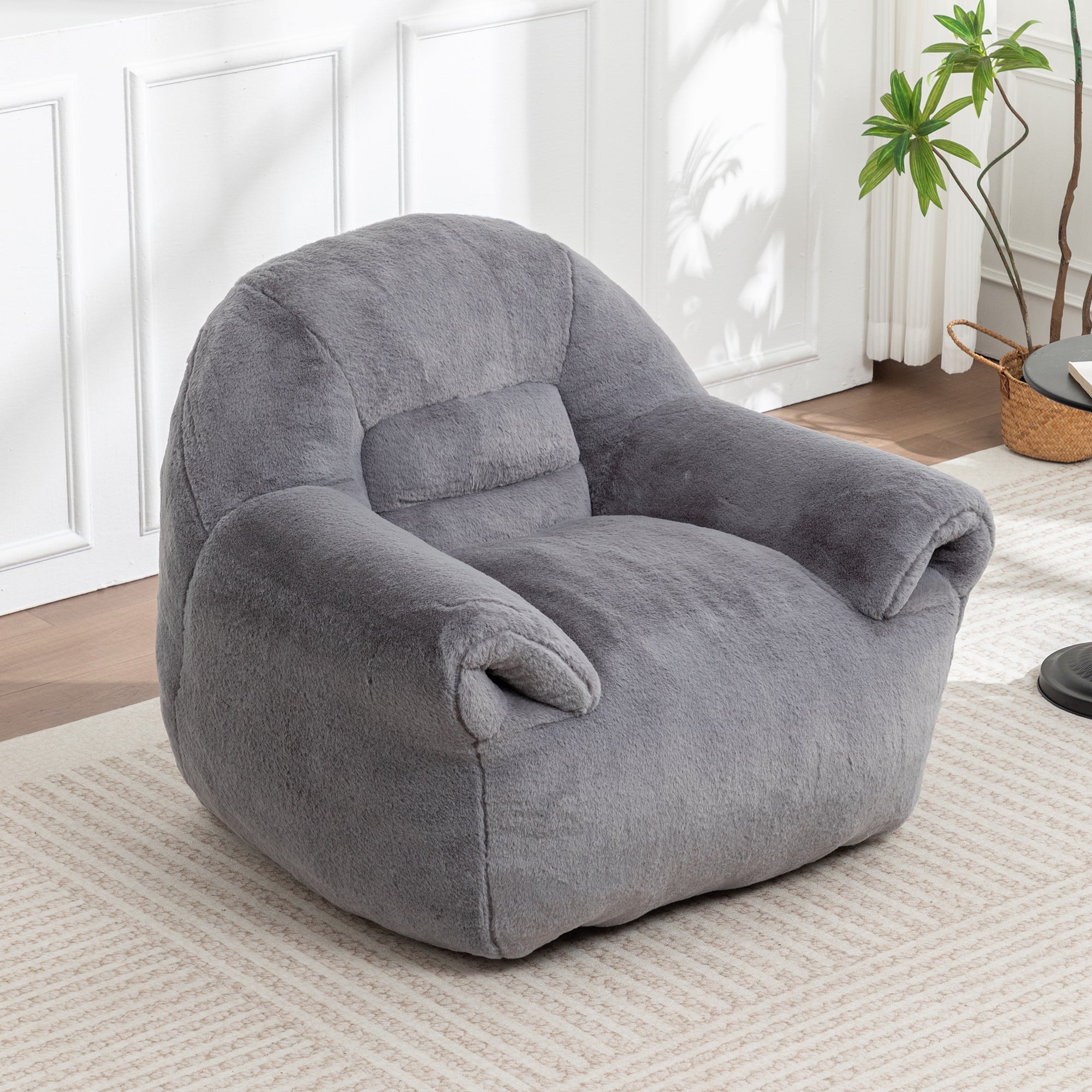 Bean Bag Chair, Comfy Bean Bag Sofa with Back Support, Faux Fur Bean Bag Chair for Adults and Kids, Stuffed Floor Sofa for Living Room, Bedroom, Apartment, Grey