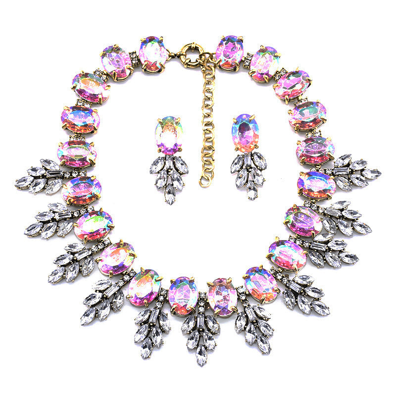 Accessories Handmade Exaggerated Colorful Crystal Necklace Earrings Suite