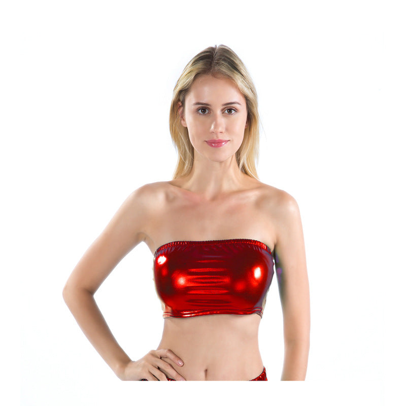 Women Clothes Nightclub Stage Wear Chest-Wrapped Patent Leather Solid Color Tube-Top Bottoming Shirt Performance Wear