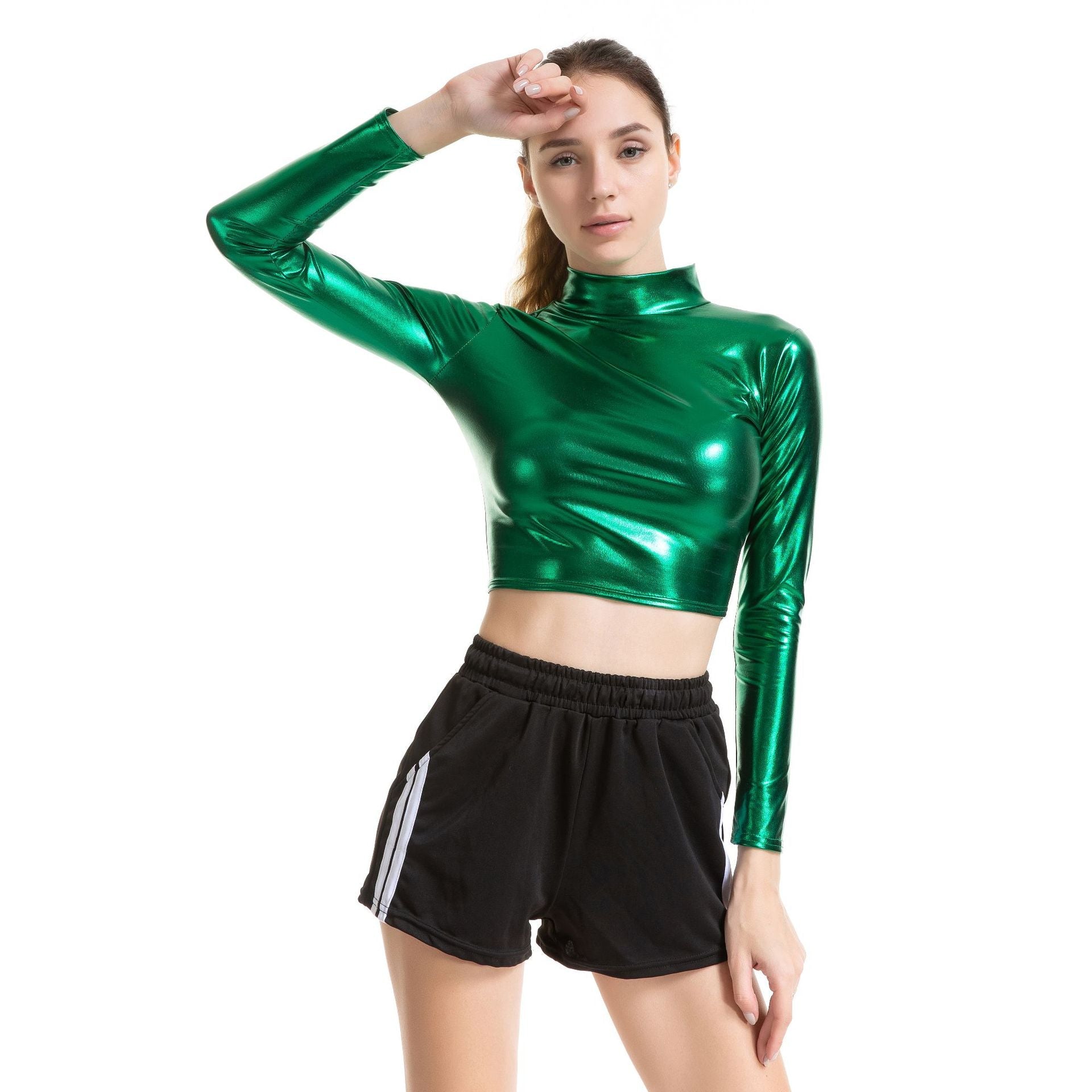 Solid Color Cosplay Glue Performance Wear Slim Patent Leather Long Sleeve Small Turtleneck Women Clothing