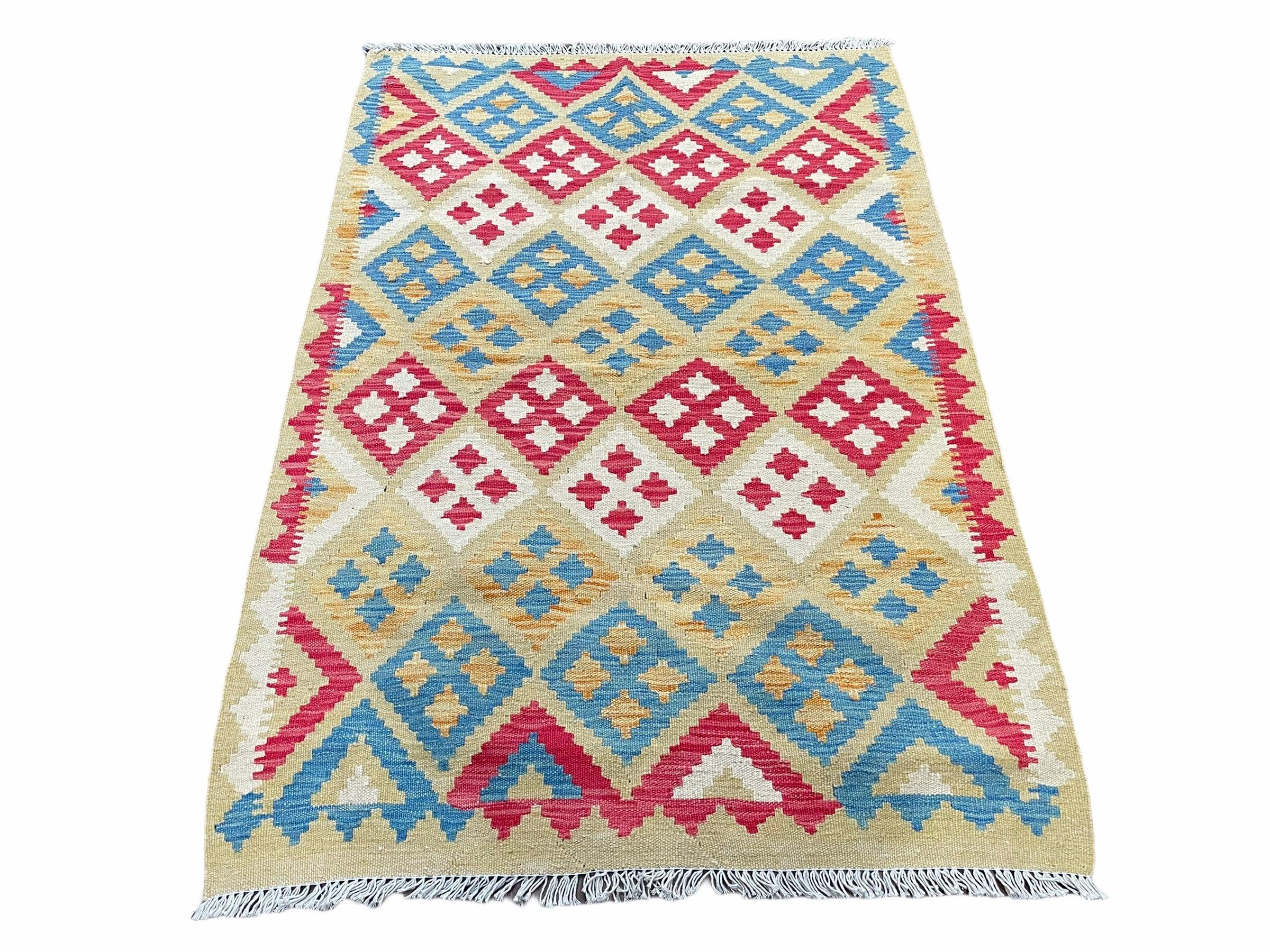 3x5 Kilim Rug Multicolor Tribal Kilim Rug 3 x 5 Tan Light Blue Red Beige New Turkish Anatolian Wool Kilim Flatweave Rug