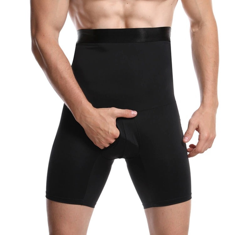 Men's Double layered High Waist Tight Belly Pants Elastic Solid Color Men's Breathable Lifting Hip Shaping Pants