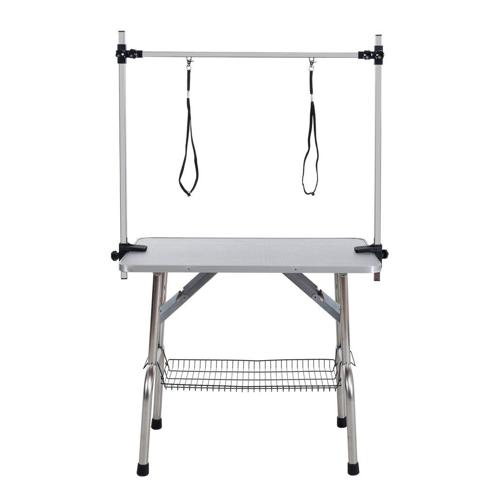 46' Folding Dog Pet Grooming Table Stainless Steel Frame Rubber Mat on Board with Adjustable Arm and Clamps pet dog Cat Grooming Table (SILVER-GRAY COLOR)