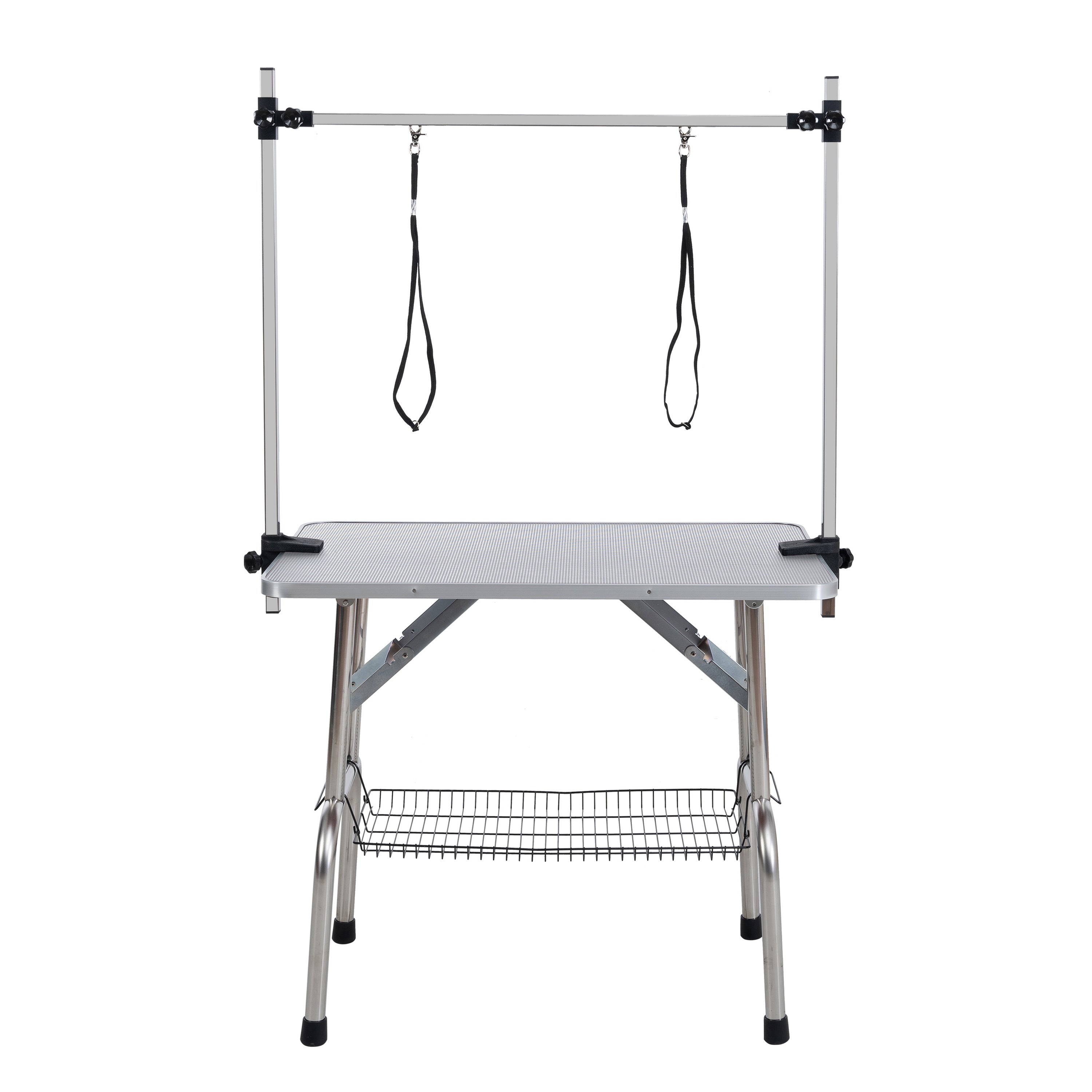 46' Folding Dog Pet Grooming Table Stainless Steel Frame Rubber Mat on Board with Adjustable Arm and Clamps pet dog Cat Grooming Table (SILVER-GRAY COLOR)