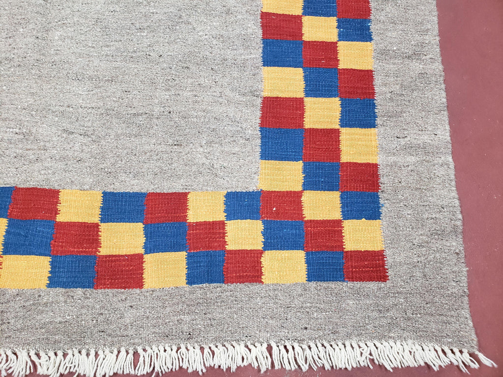 New Turkish Kilim Area Rug, Gray Carpet With Colorful Checker Border, 5'6" x 8", Flatweave Carpet, Playroom Rug, Kids Room Rug, Hand-Knotted