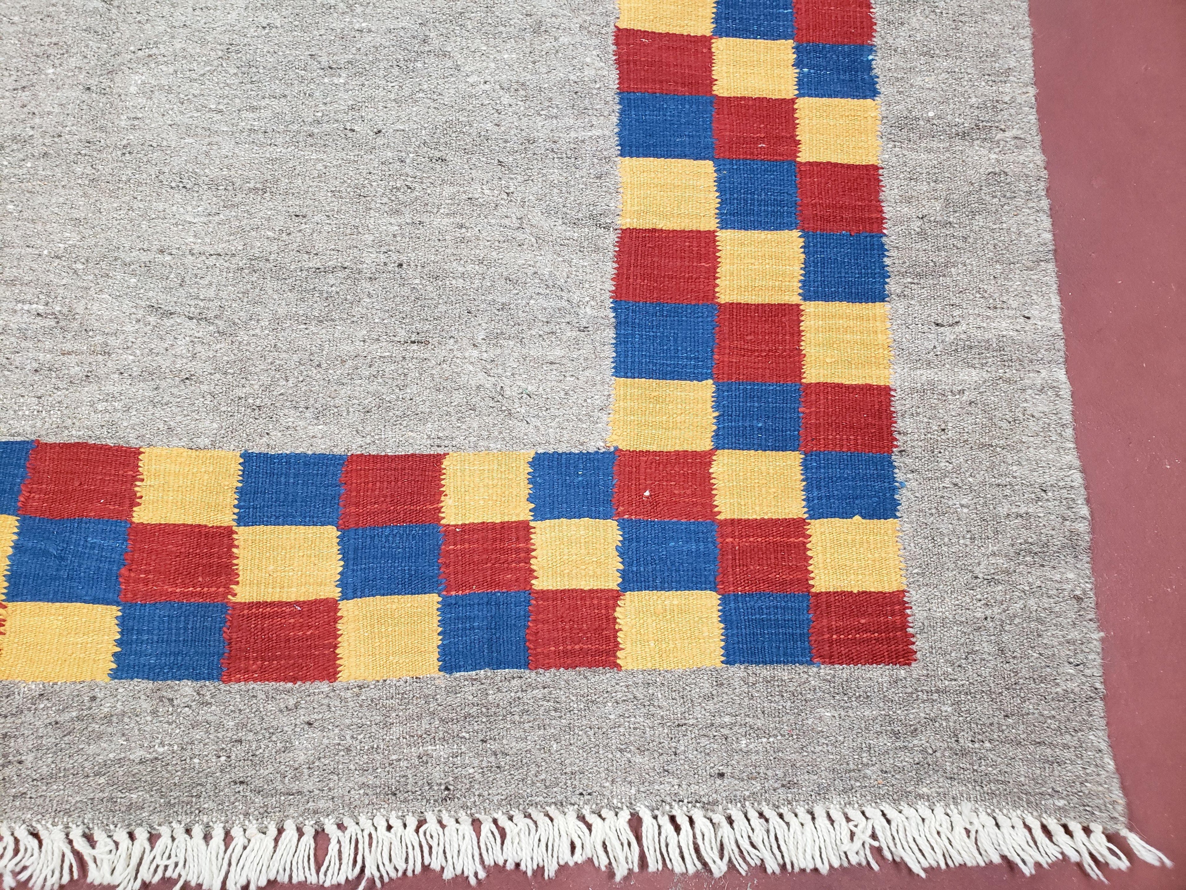 New Turkish Kilim Area Rug, Gray Carpet With Colorful Checker Border, 5'6" x 8", Flatweave Carpet, Playroom Rug, Kids Room Rug, Hand-Knotted