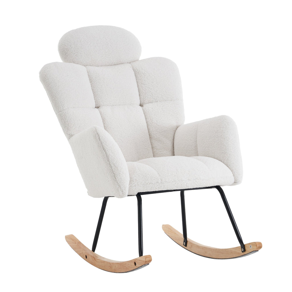 Modern Ivory Teddy Fabric Upholstered Nursery Rocking Glider Chair with Padded Seat and High Backrest