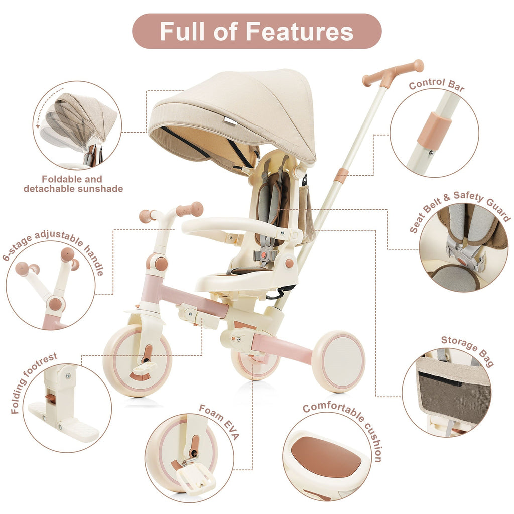 7 in 1 Baby Tricycle, Foldable Toddler Tricycle with Removable and Adjustable Parent Handle, Toddler Push Bike with Removable Pedal, Canopy, and Guardrail, Tricycle for 12-72 Months, pink