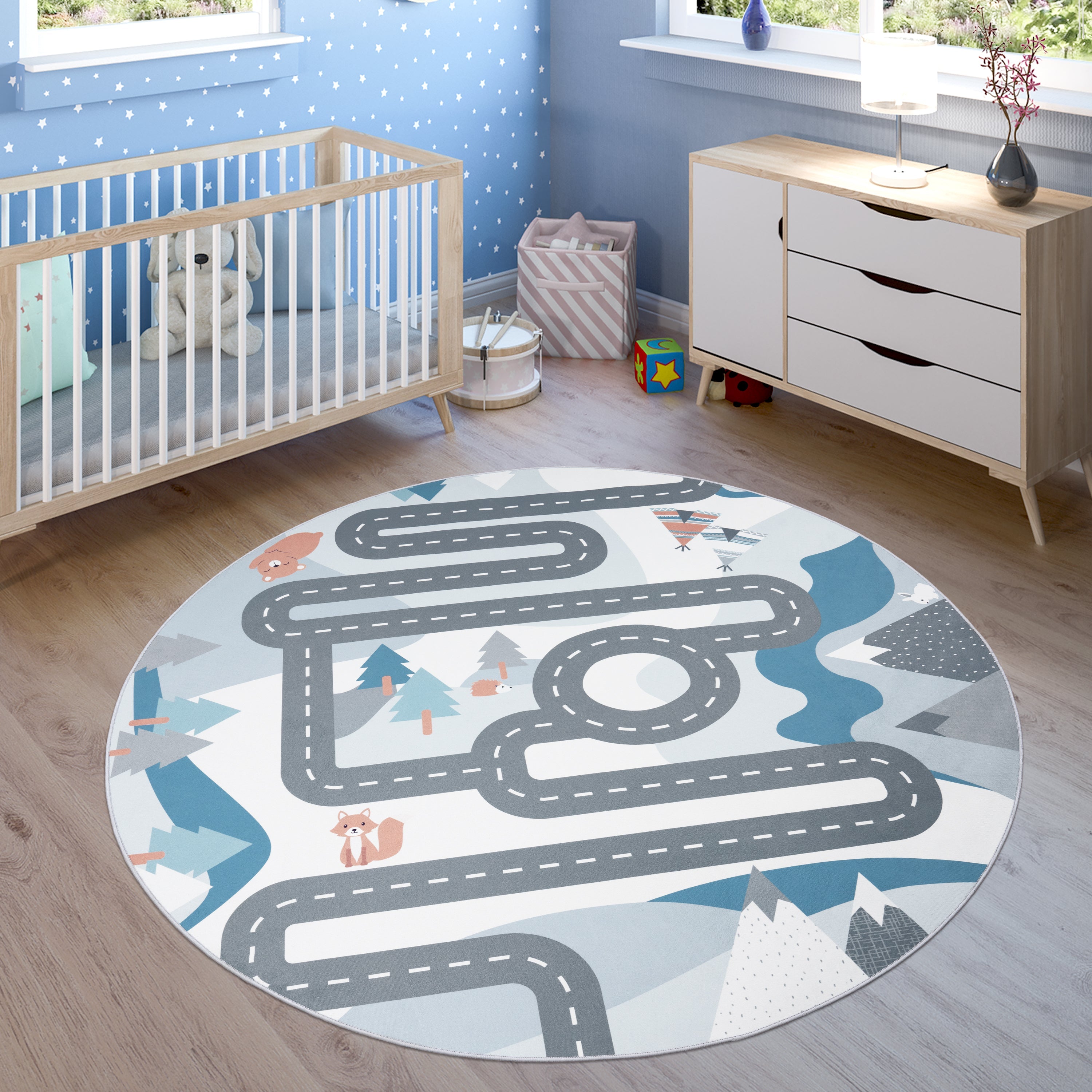 Kids Play Rug For Nursery Road With Forest Animals grey blue