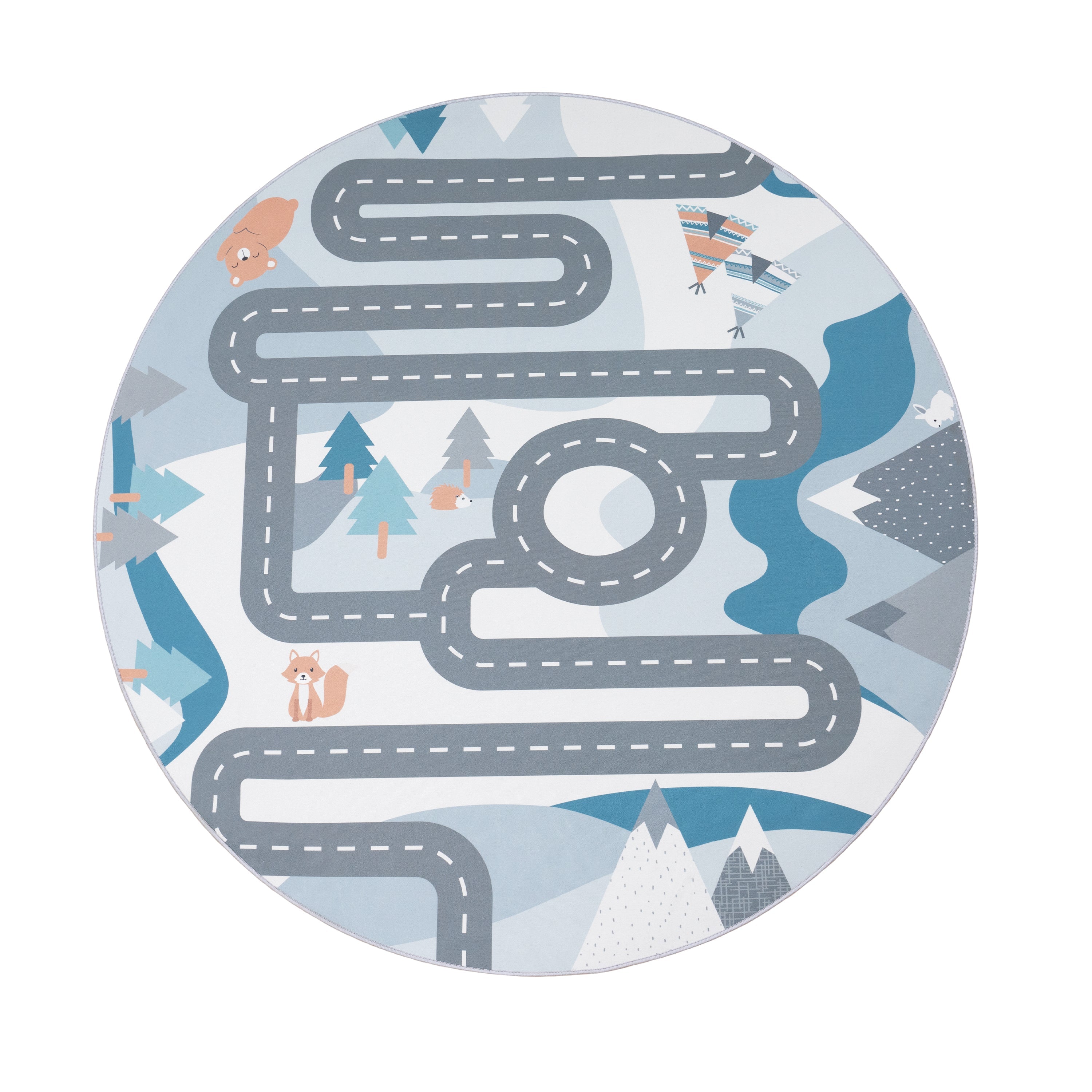 Kids Play Rug For Nursery Road With Forest Animals grey blue