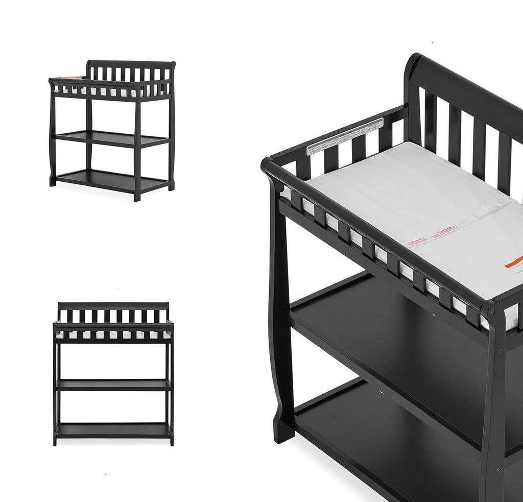 Modern Black Wooden Baby Changing Table with Safety Rail Mattress Pad and Strap