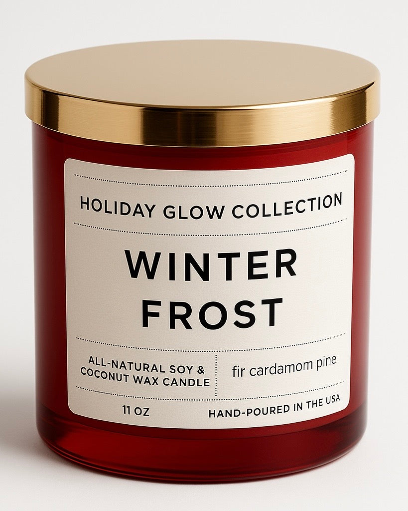 Winter Frost Candle – Fir & Cardamom, Red Jar – Snowy Forest Scent
